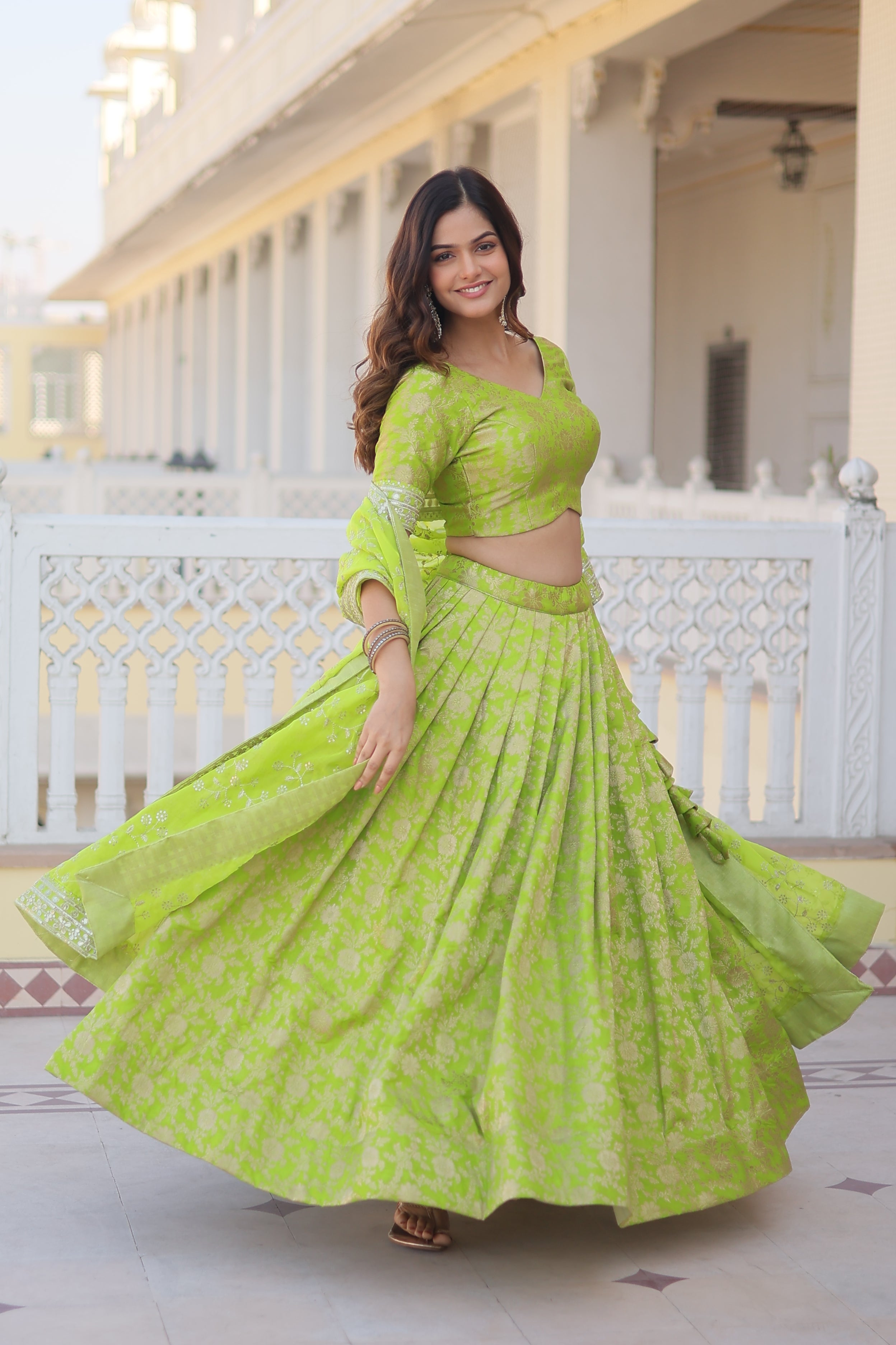 Elegant Viscose Jacquard Perrot  Lehenga Set with Sequins Work & Russian Silk Dupatta | Full-Stitched
