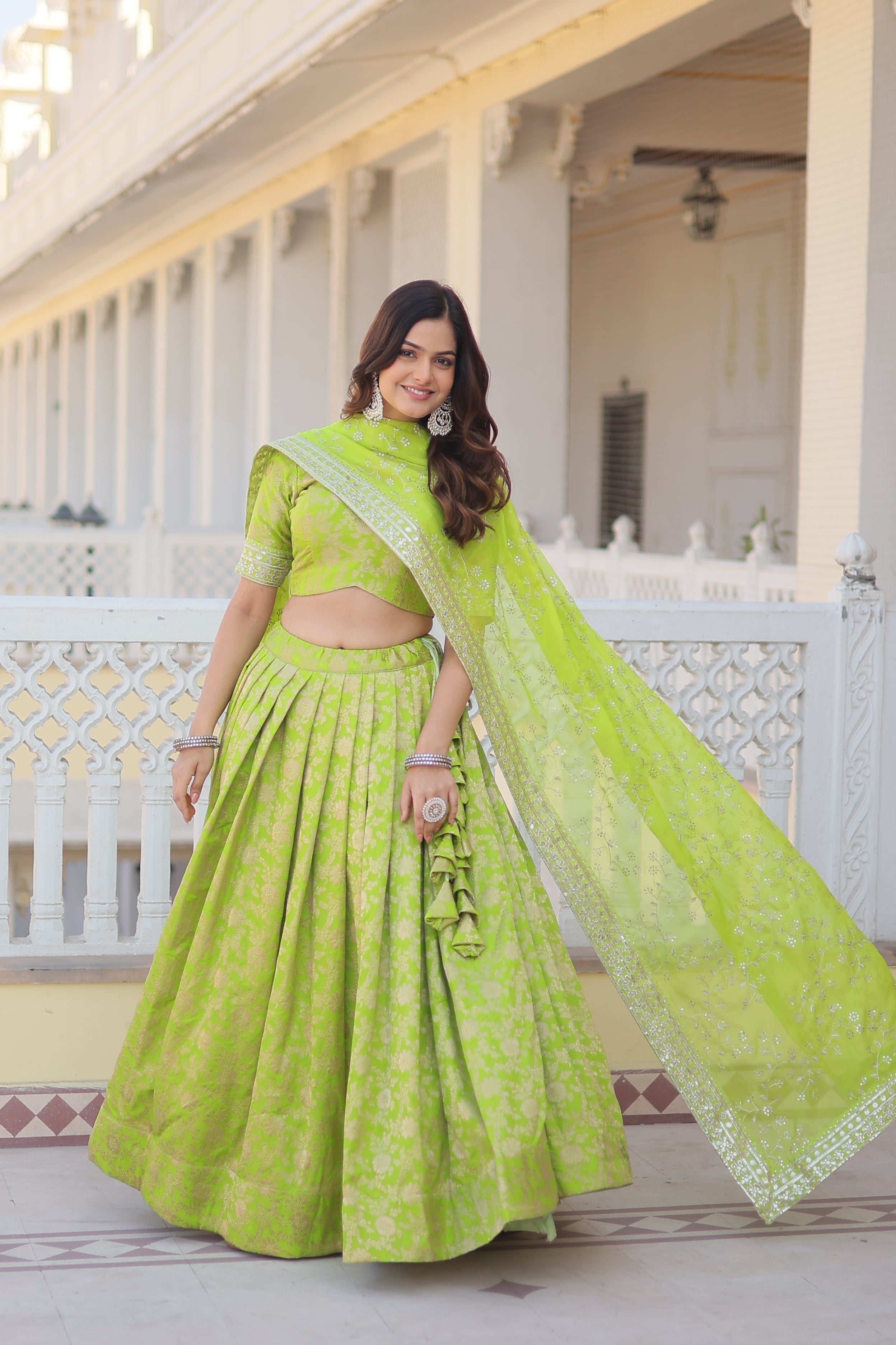 Elegant Viscose Jacquard Perrot  Lehenga Set with Sequins Work & Russian Silk Dupatta | Full-Stitched