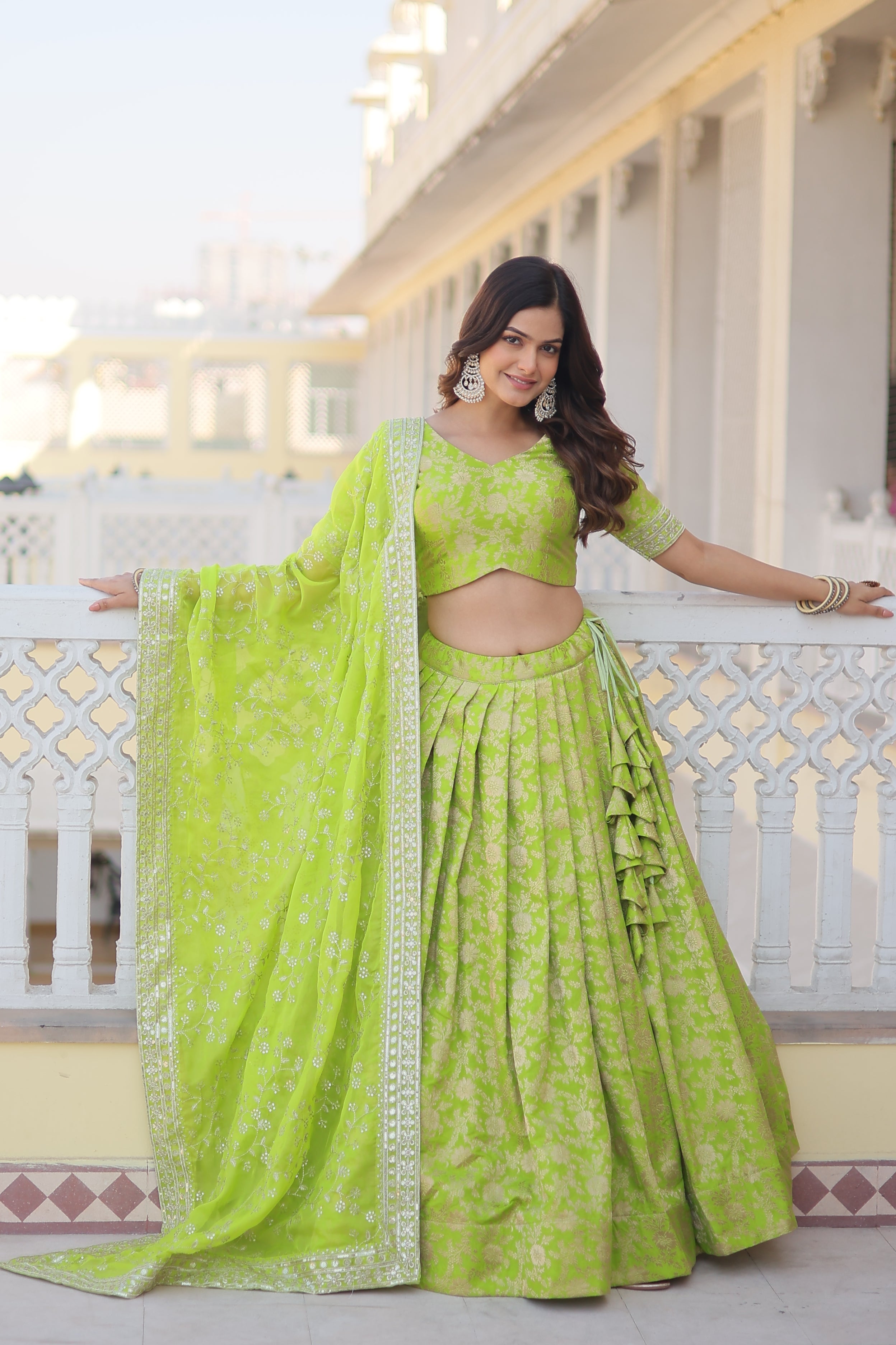 Elegant Viscose Jacquard Perrot  Lehenga Set with Sequins Work & Russian Silk Dupatta | Full-Stitched