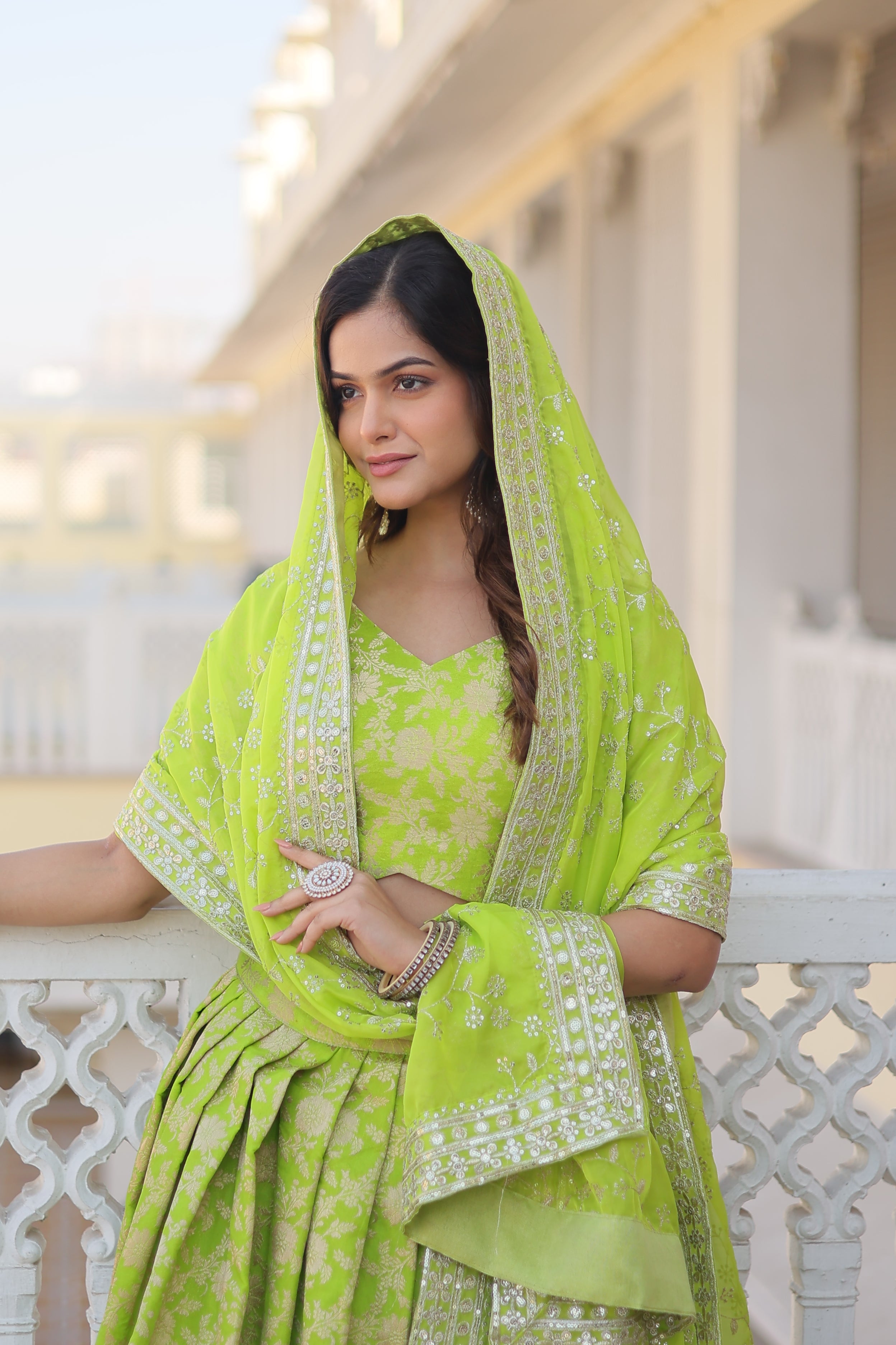 Elegant Viscose Jacquard Perrot  Lehenga Set with Sequins Work & Russian Silk Dupatta | Full-Stitched