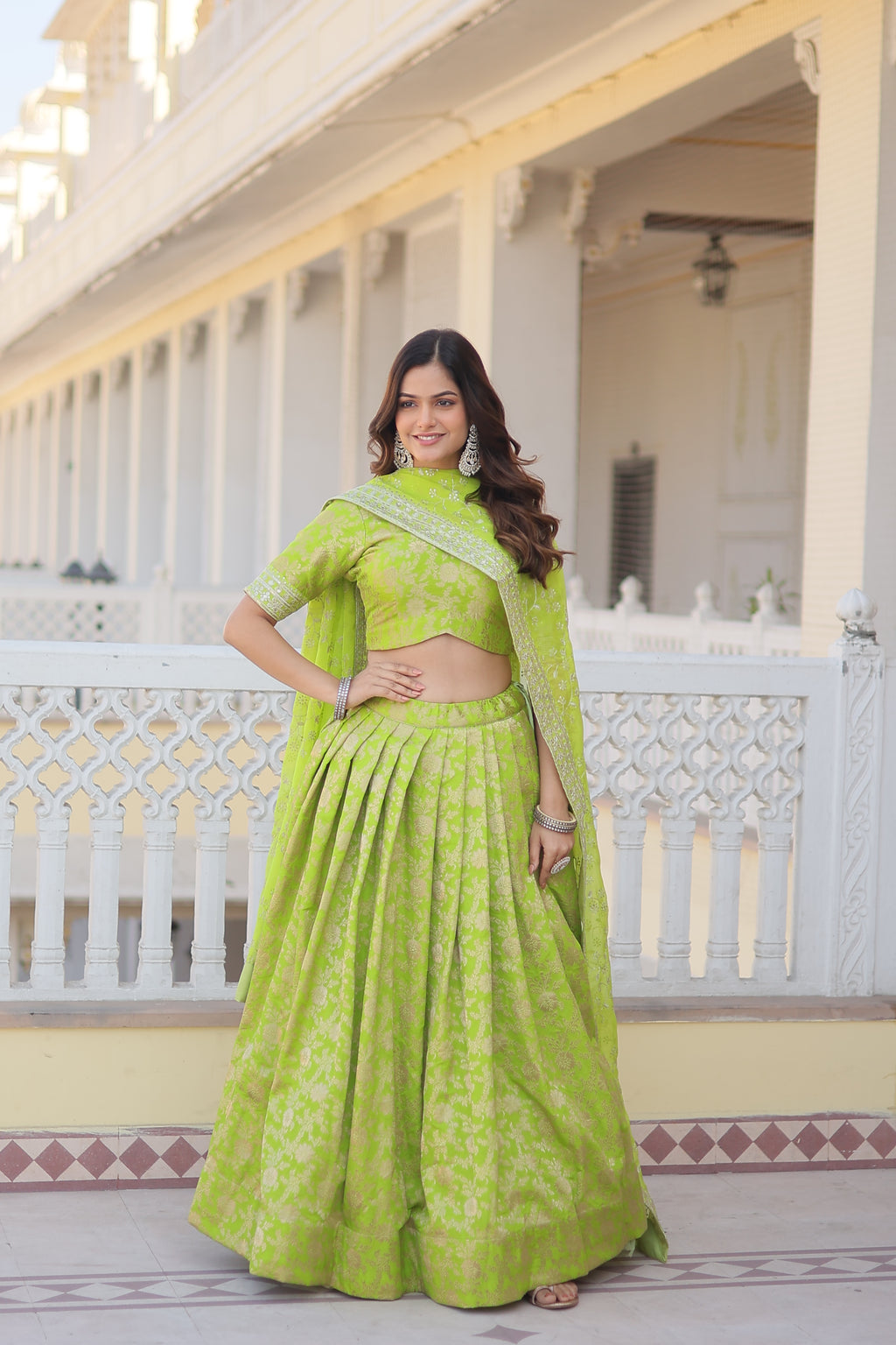 Elegant Viscose Jacquard Perrot  Lehenga Set with Sequins Work & Russian Silk Dupatta | Full-Stitched