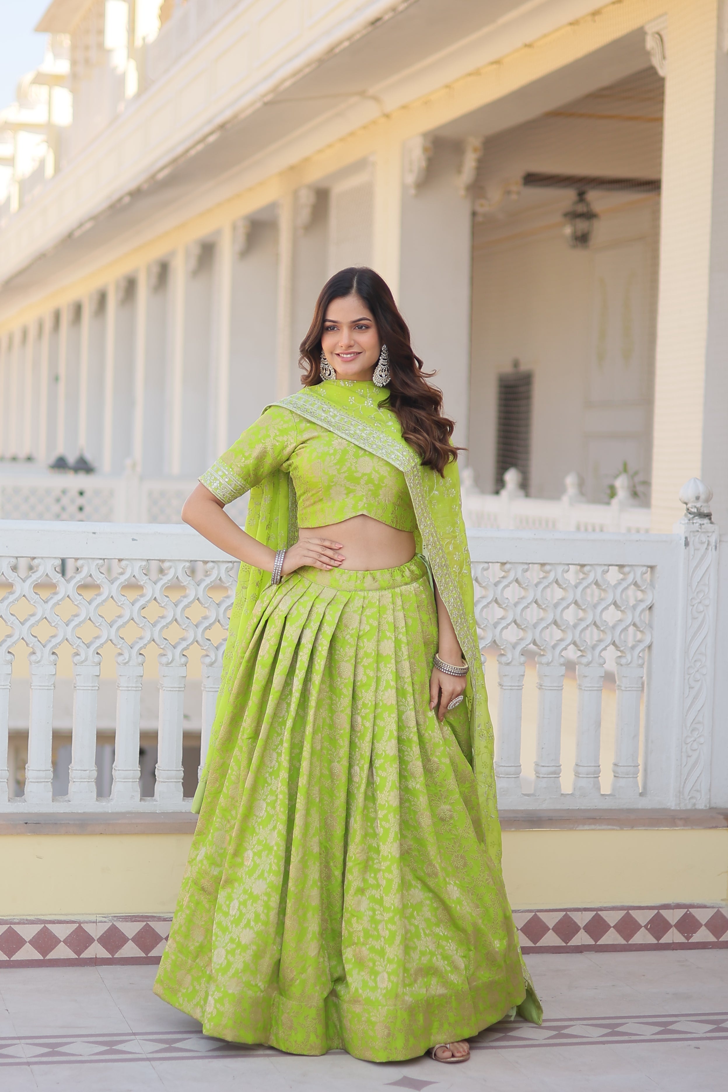 Elegant Viscose Jacquard Perrot  Lehenga Set with Sequins Work & Russian Silk Dupatta | Full-Stitched