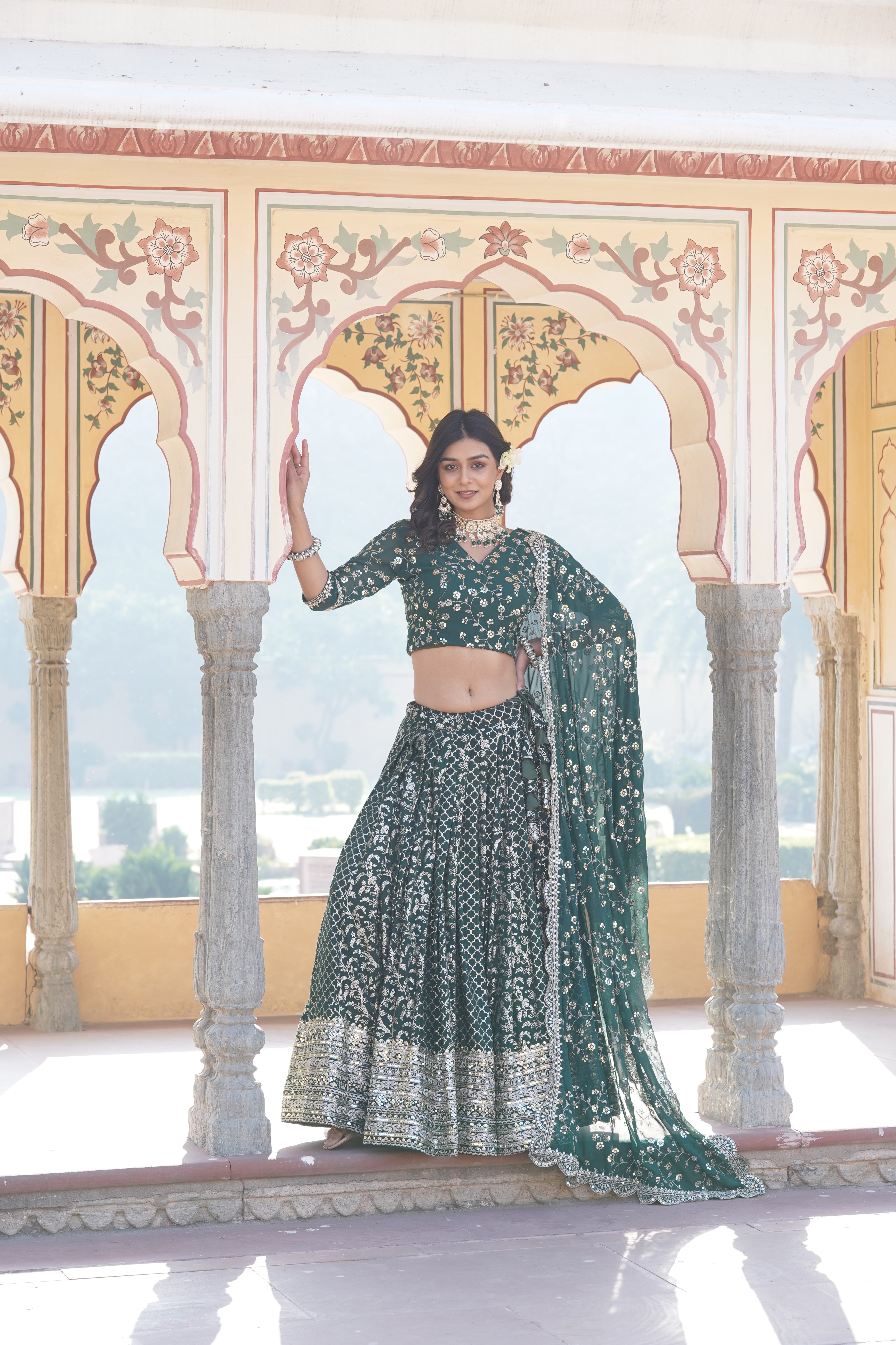 Stitched Green Lehenga with Designer Blouse & Cut-Work Dupatta – Party Ready Set