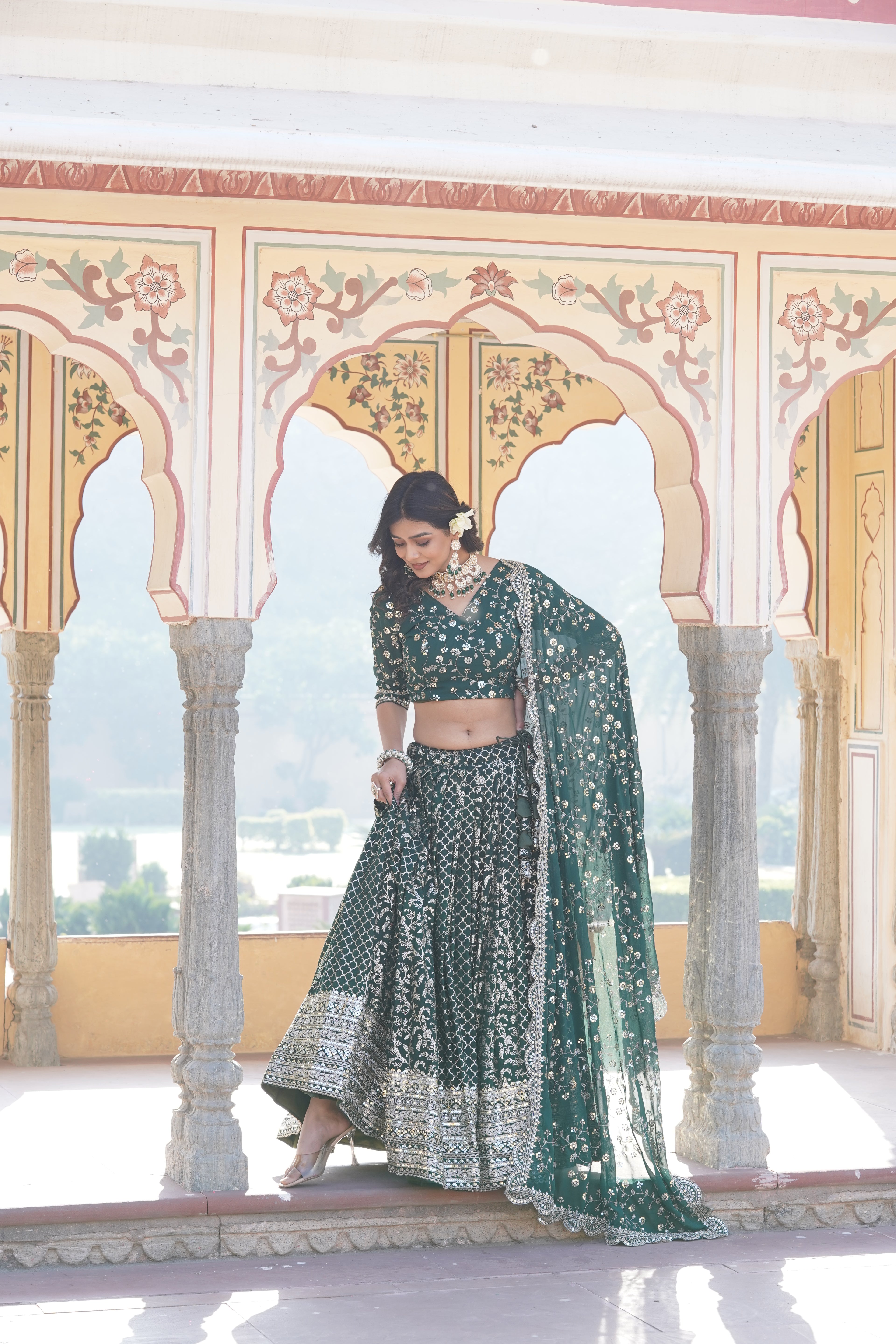 Stitched Green Lehenga with Designer Blouse & Cut-Work Dupatta – Party Ready Set