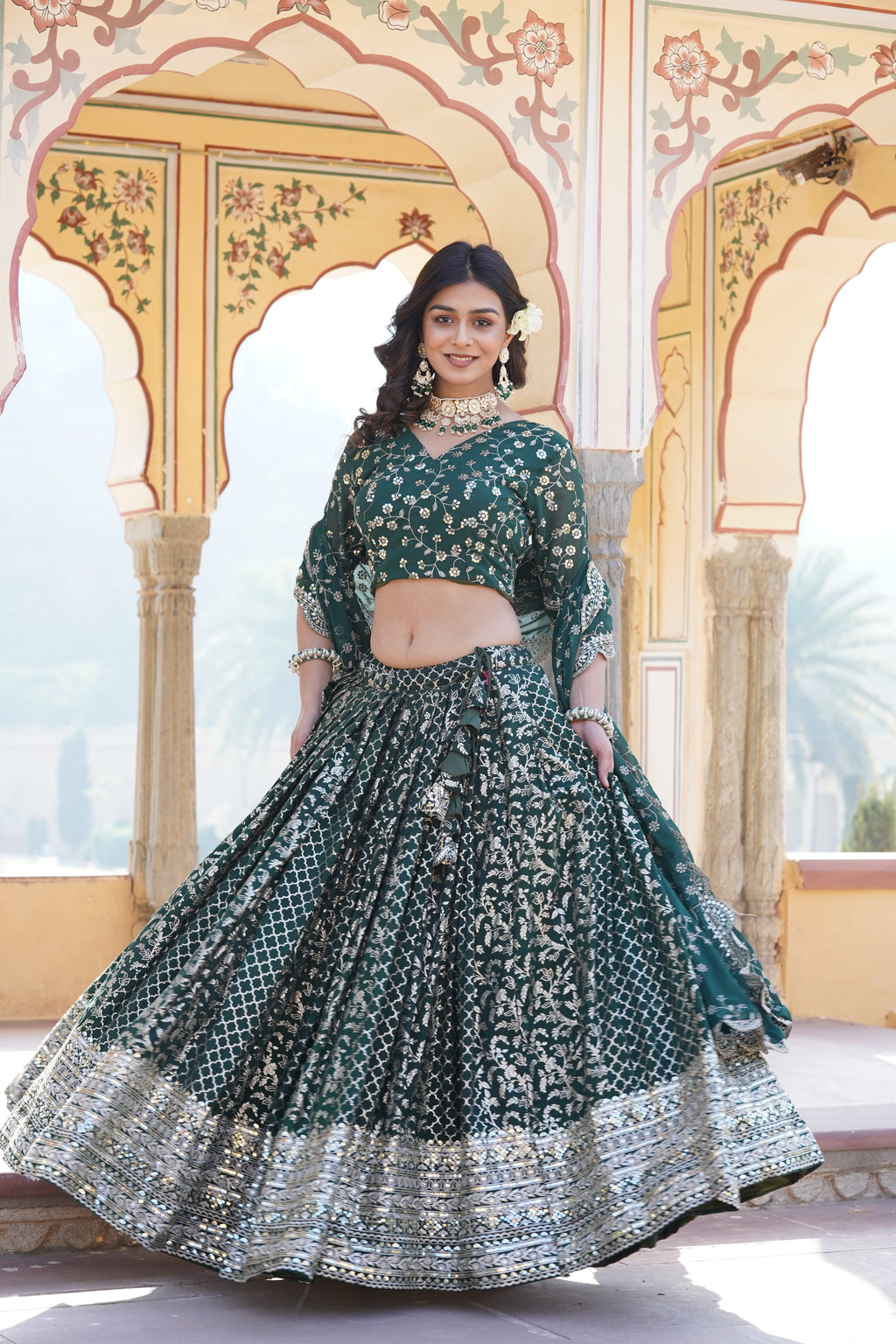 Stitched Green Lehenga with Designer Blouse & Cut-Work Dupatta – Party Ready Set