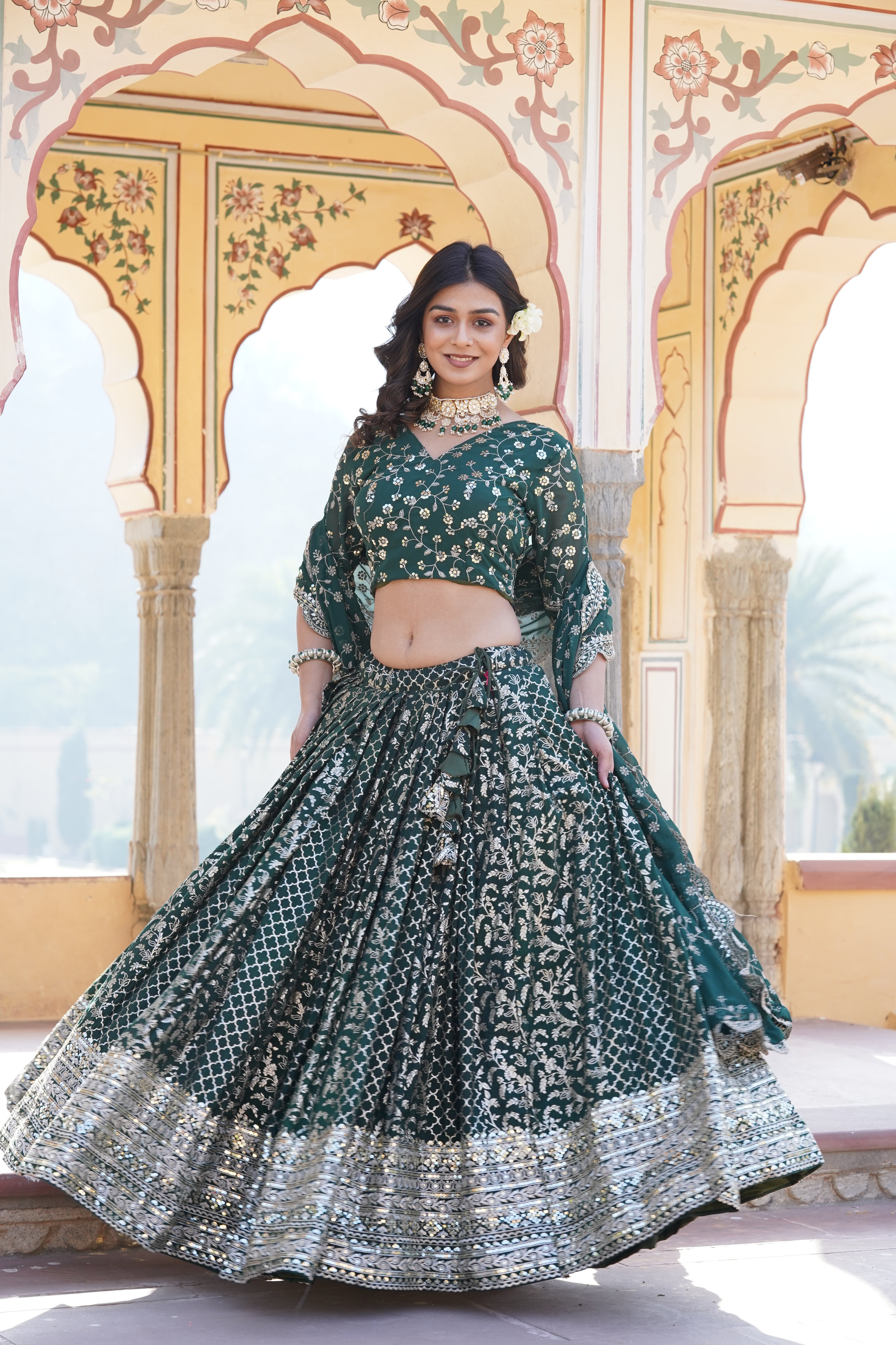 Stitched Green Lehenga with Designer Blouse & Cut-Work Dupatta – Party Ready Set