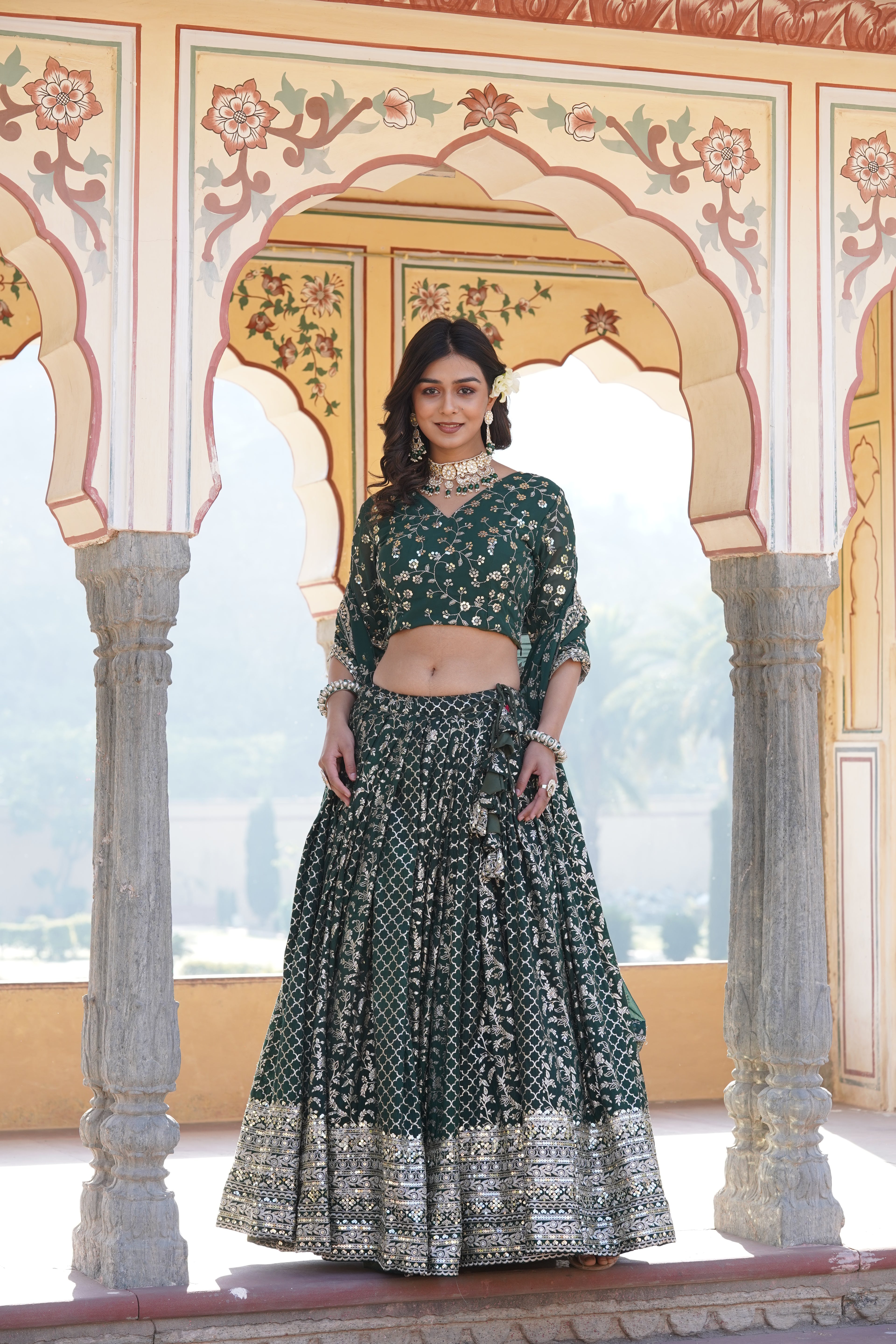 Stitched Green Lehenga with Designer Blouse & Cut-Work Dupatta – Party Ready Set