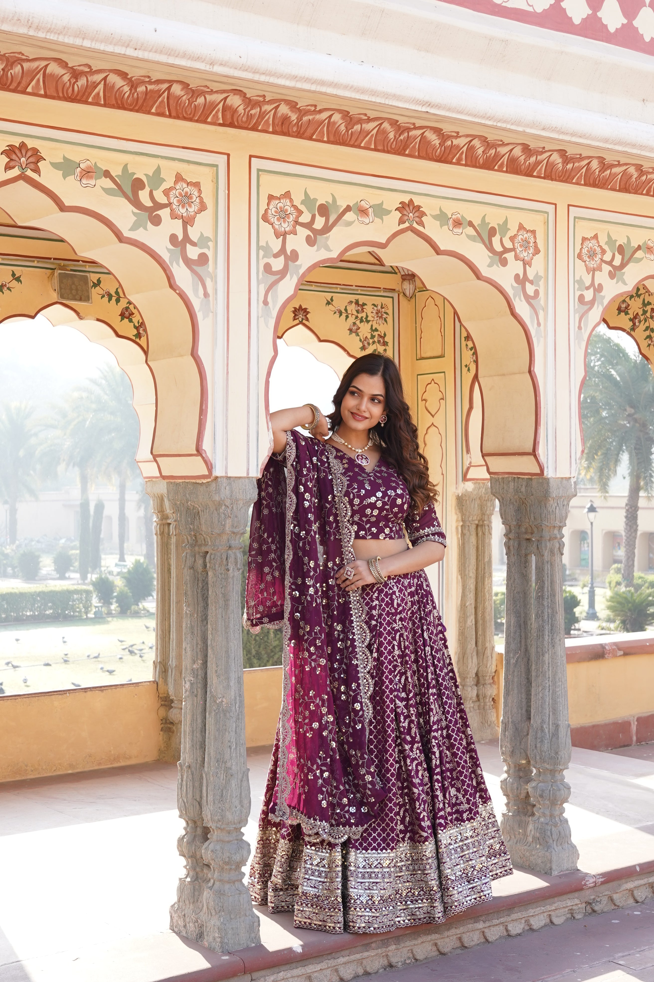 Stitched Wine Lehenga with Designer Blouse & Cut-Work Dupatta – Party Ready Set