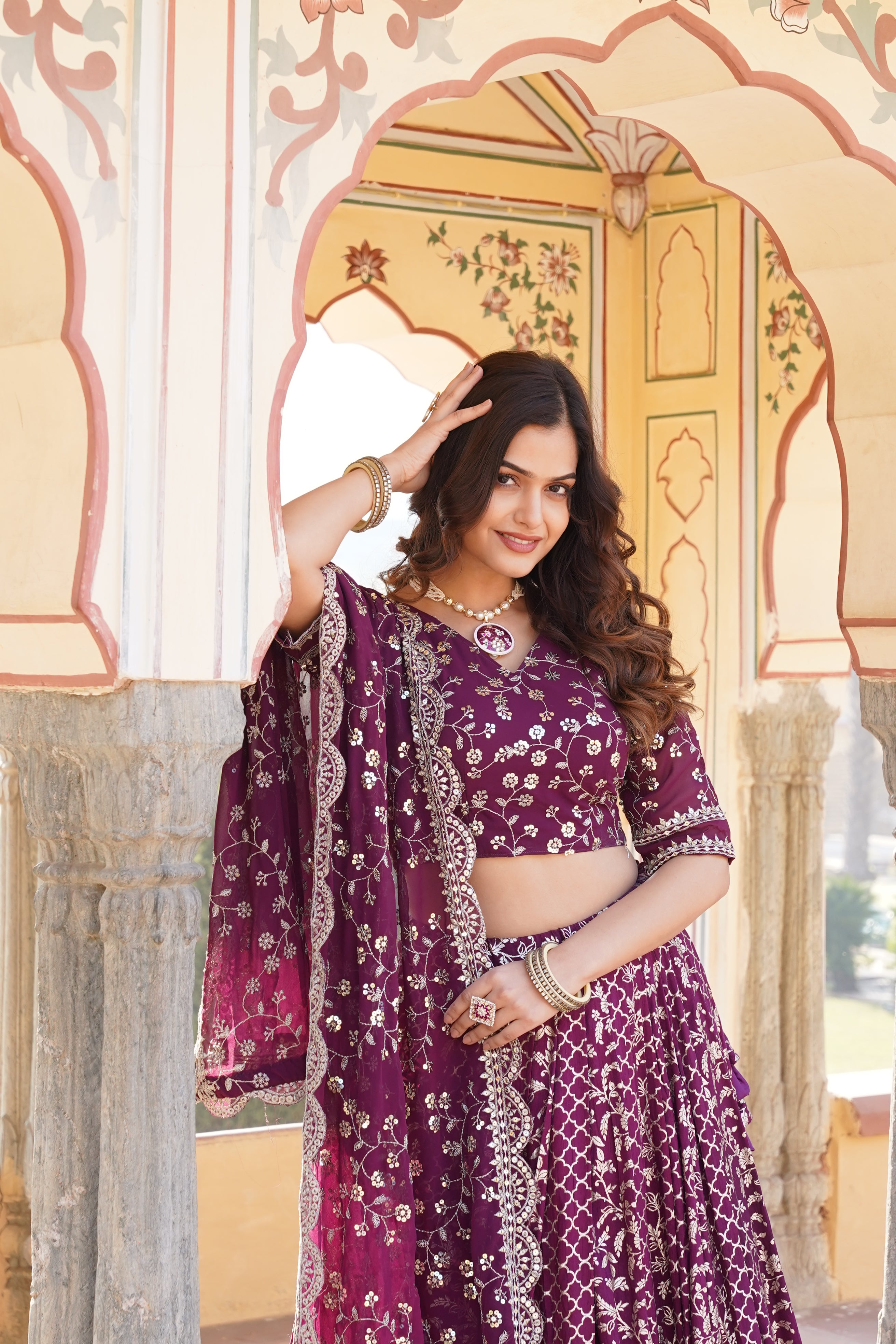 Stitched Wine Lehenga with Designer Blouse & Cut-Work Dupatta – Party Ready Set