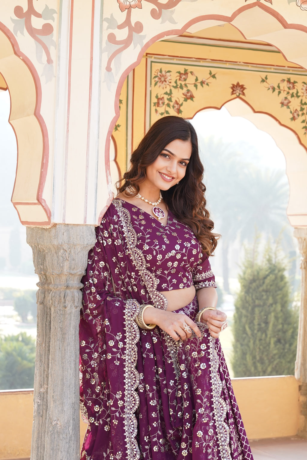 Stitched Wine Lehenga with Designer Blouse & Cut-Work Dupatta – Party Ready Set