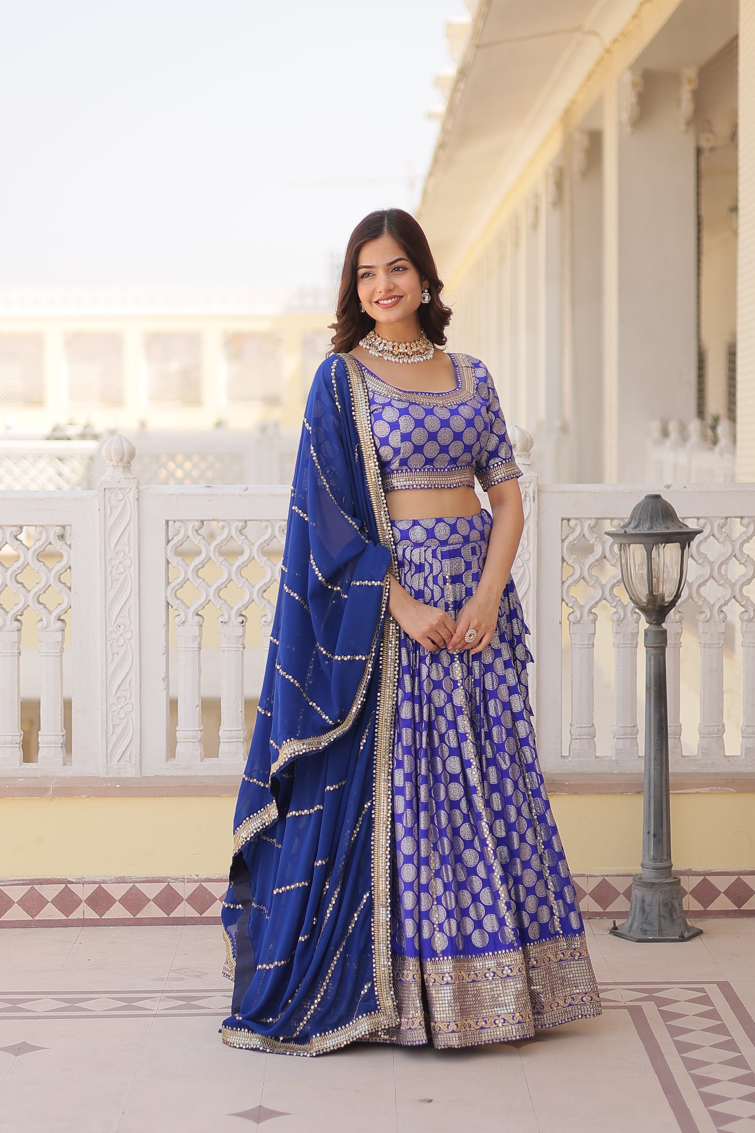 Elegant Viscose Jacquard Blue  Lehenga Set with Sequins Embroidery | Full-Stitched Lehenga + Unstitched Blouse + Dupatta