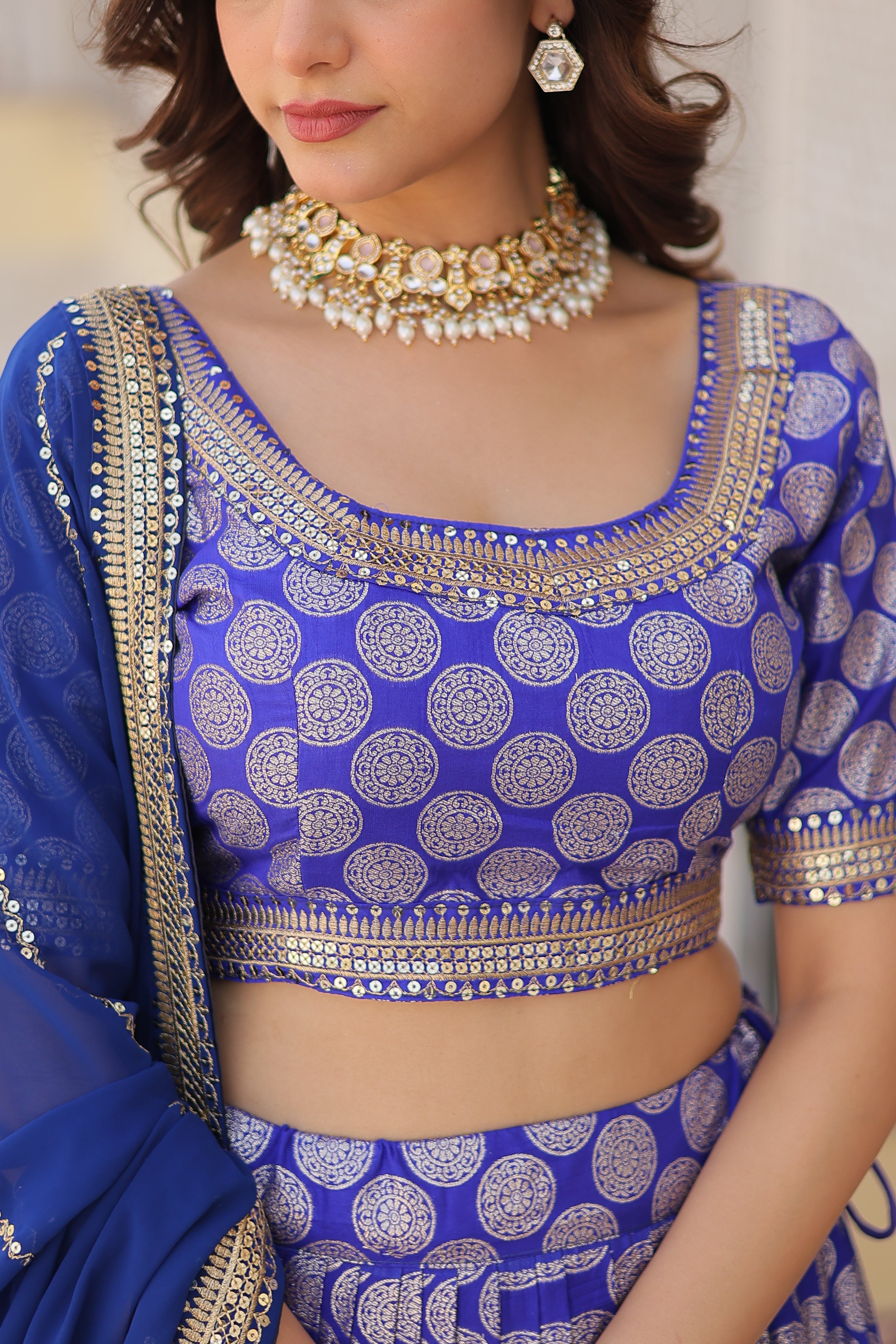 Elegant Viscose Jacquard Blue  Lehenga Set with Sequins Embroidery | Full-Stitched Lehenga + Unstitched Blouse + Dupatta
