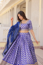 Elegant Viscose Jacquard Blue  Lehenga Set with Sequins Embroidery | Full-Stitched Lehenga + Unstitched Blouse + Dupatta