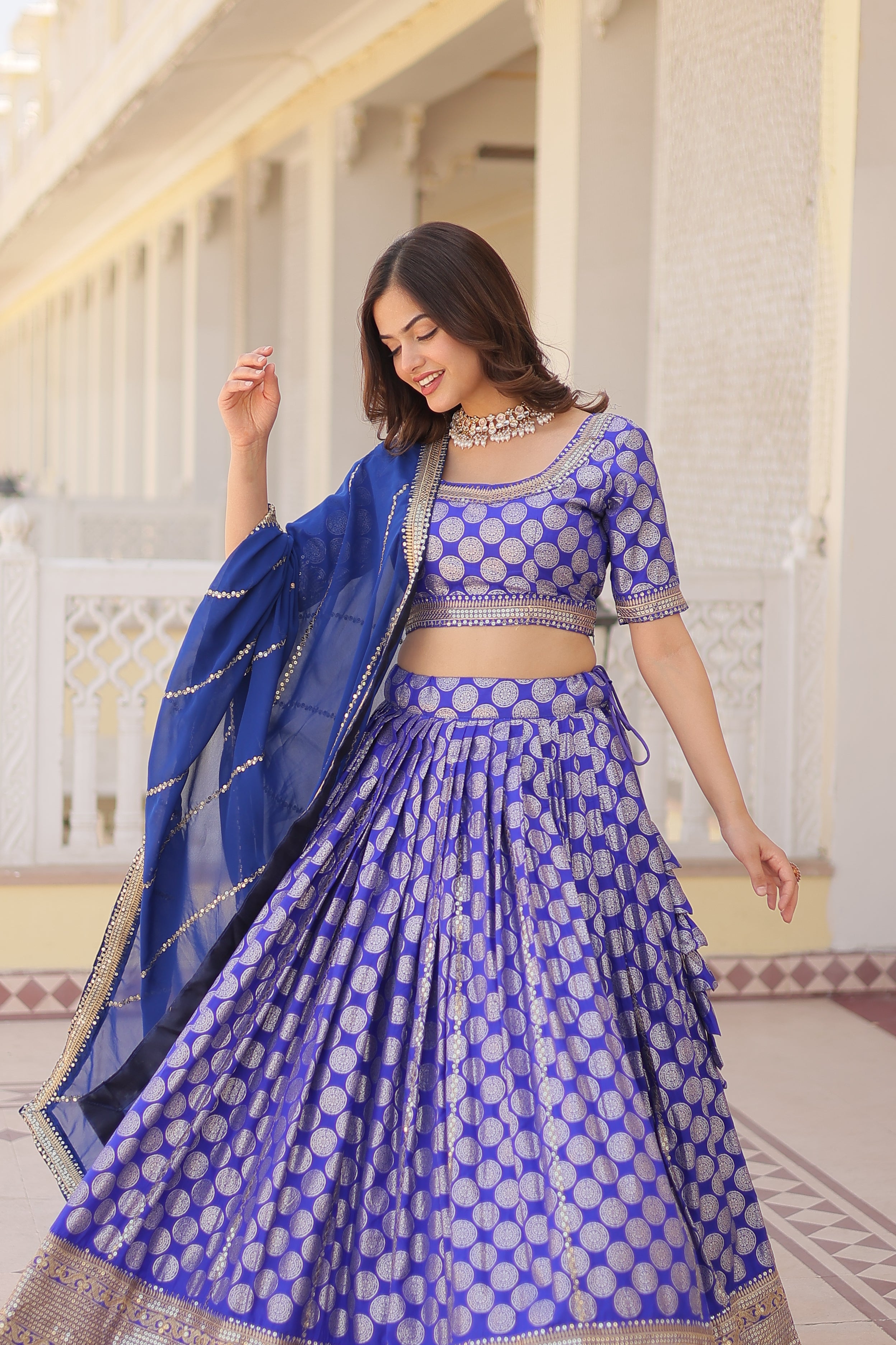 Elegant Viscose Jacquard Blue  Lehenga Set with Sequins Embroidery | Full-Stitched Lehenga + Unstitched Blouse + Dupatta