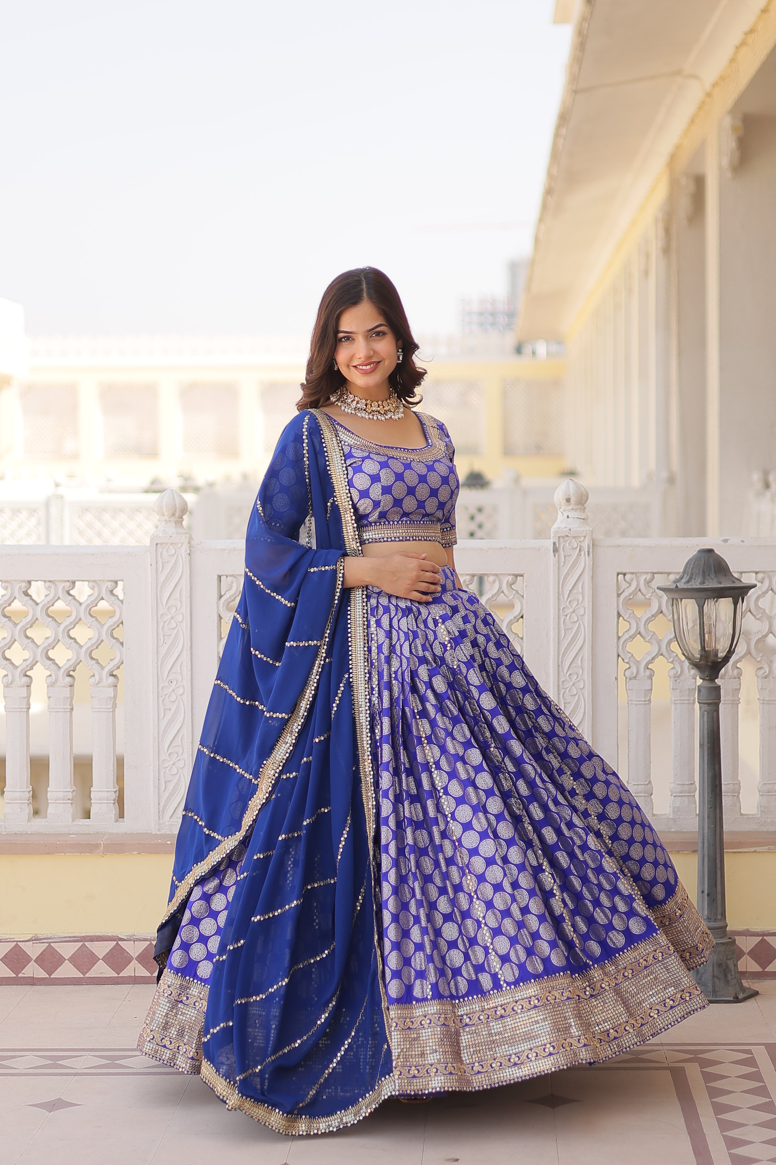 Elegant Viscose Jacquard Blue  Lehenga Set with Sequins Embroidery | Full-Stitched Lehenga + Unstitched Blouse + Dupatta