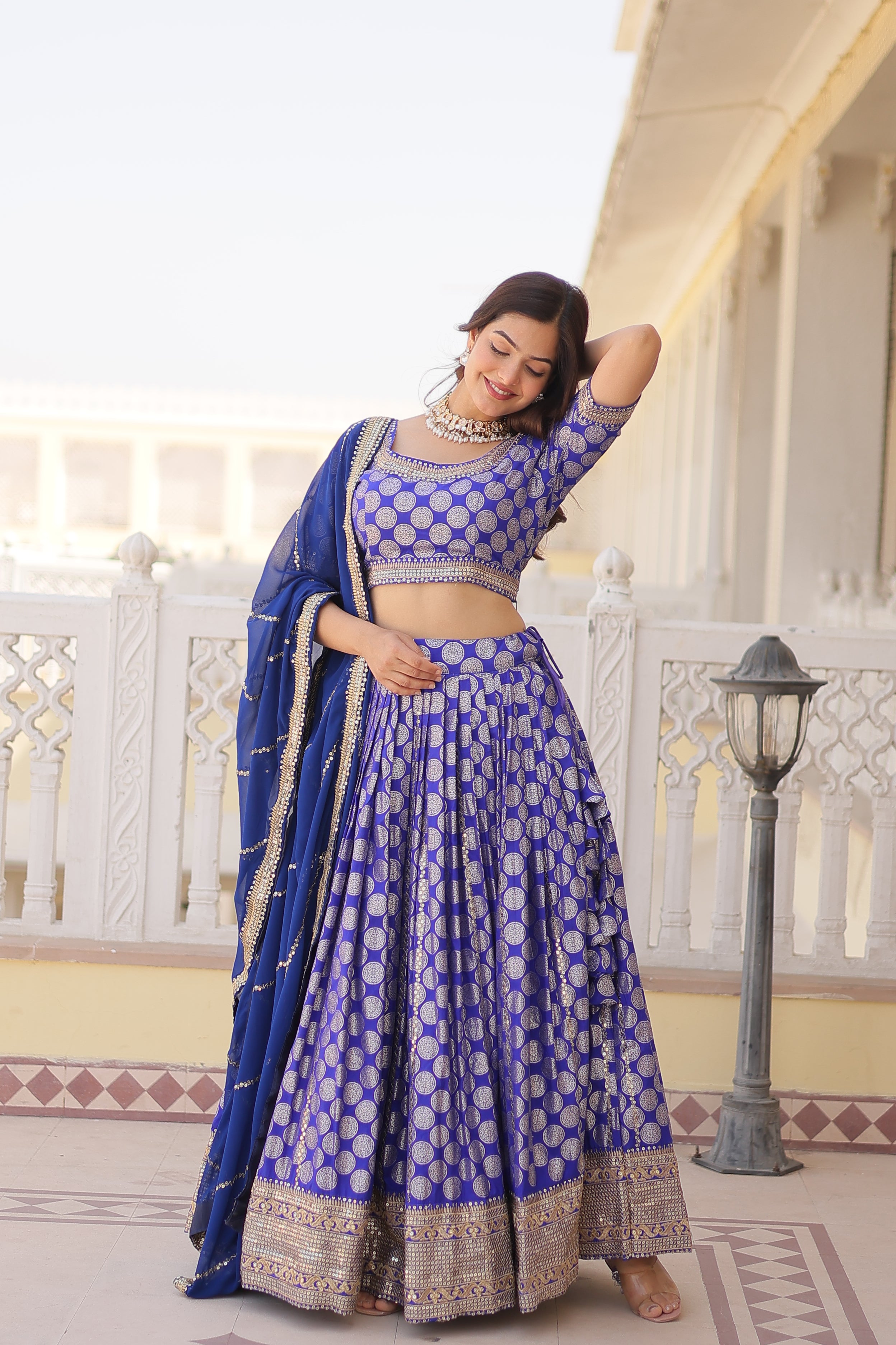 Elegant Viscose Jacquard Blue  Lehenga Set with Sequins Embroidery | Full-Stitched Lehenga + Unstitched Blouse + Dupatta