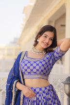 Elegant Viscose Jacquard Blue  Lehenga Set with Sequins Embroidery | Full-Stitched Lehenga + Unstitched Blouse + Dupatta