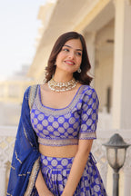 Elegant Viscose Jacquard Blue  Lehenga Set with Sequins Embroidery | Full-Stitched Lehenga + Unstitched Blouse + Dupatta
