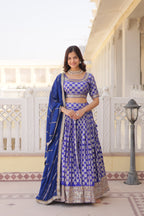 Elegant Viscose Jacquard Blue  Lehenga Set with Sequins Embroidery | Full-Stitched Lehenga + Unstitched Blouse + Dupatta