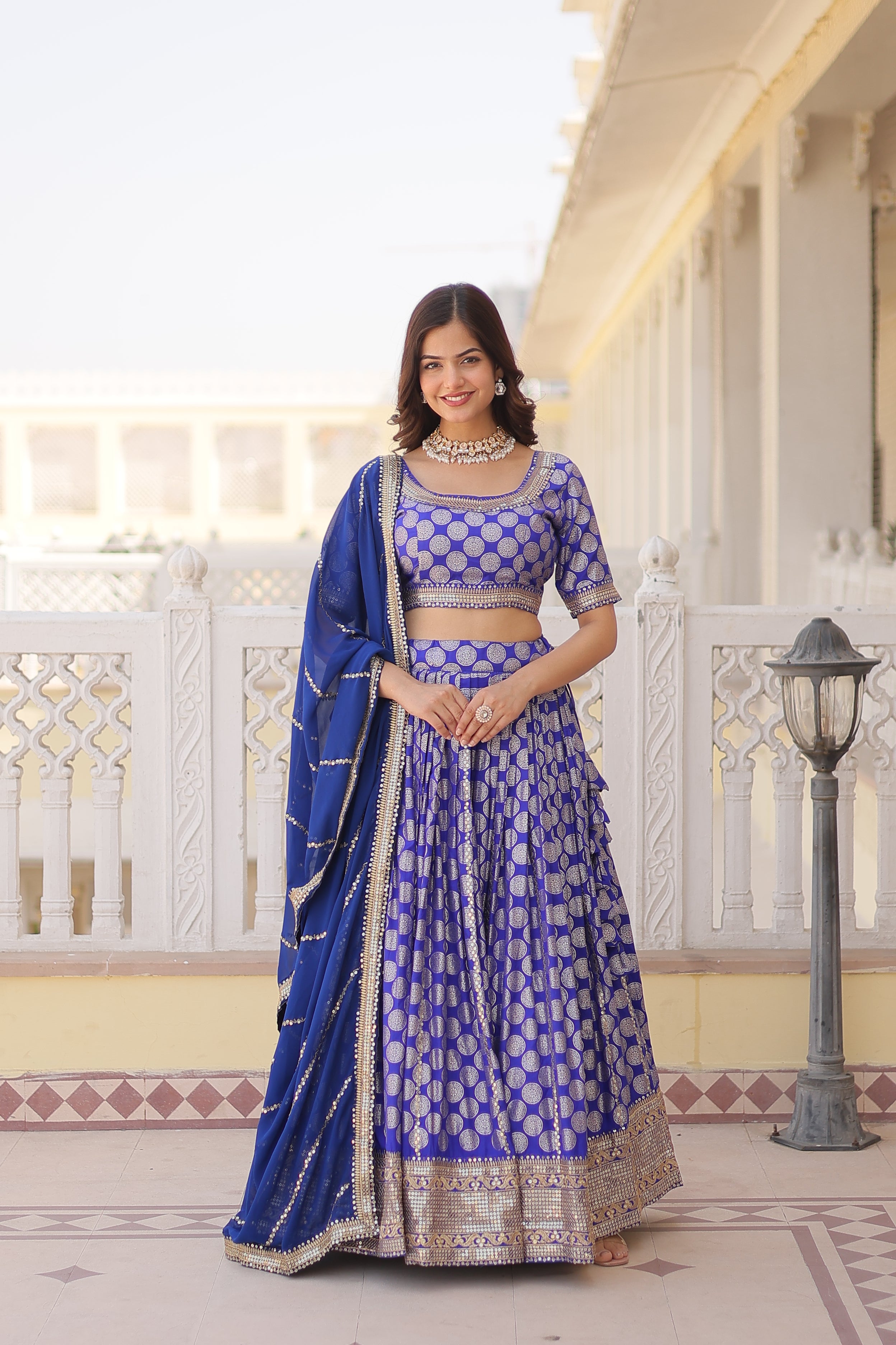 Elegant Viscose Jacquard Blue  Lehenga Set with Sequins Embroidery | Full-Stitched Lehenga + Unstitched Blouse + Dupatta
