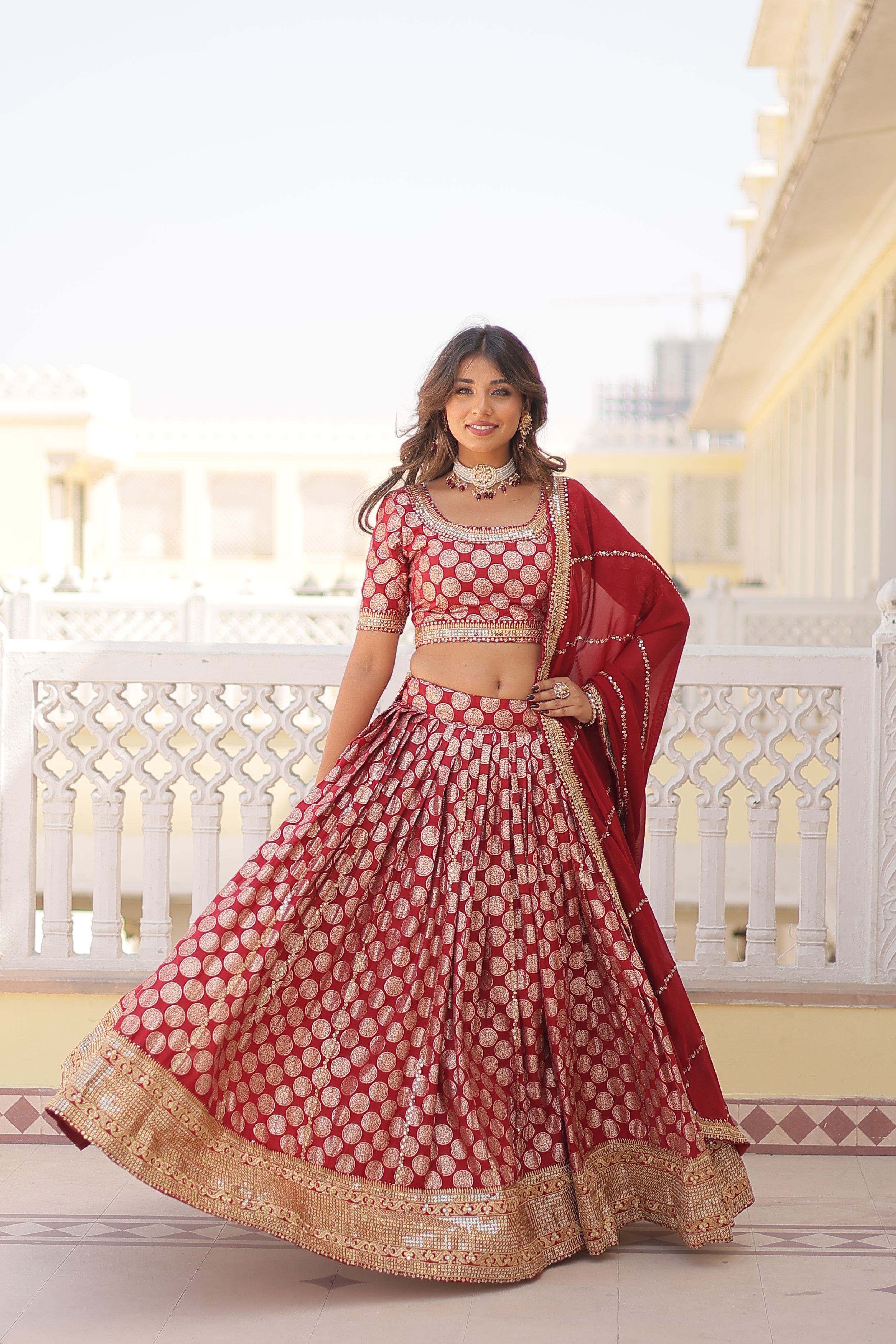 Elegant Viscose Jacquard Maroon Lehenga Set with Sequins Embroidery | Full-Stitched Lehenga + Unstitched Blouse + Dupatta