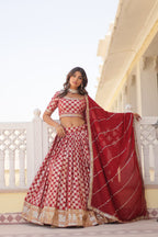 Elegant Viscose Jacquard Maroon Lehenga Set with Sequins Embroidery | Full-Stitched Lehenga + Unstitched Blouse + Dupatta