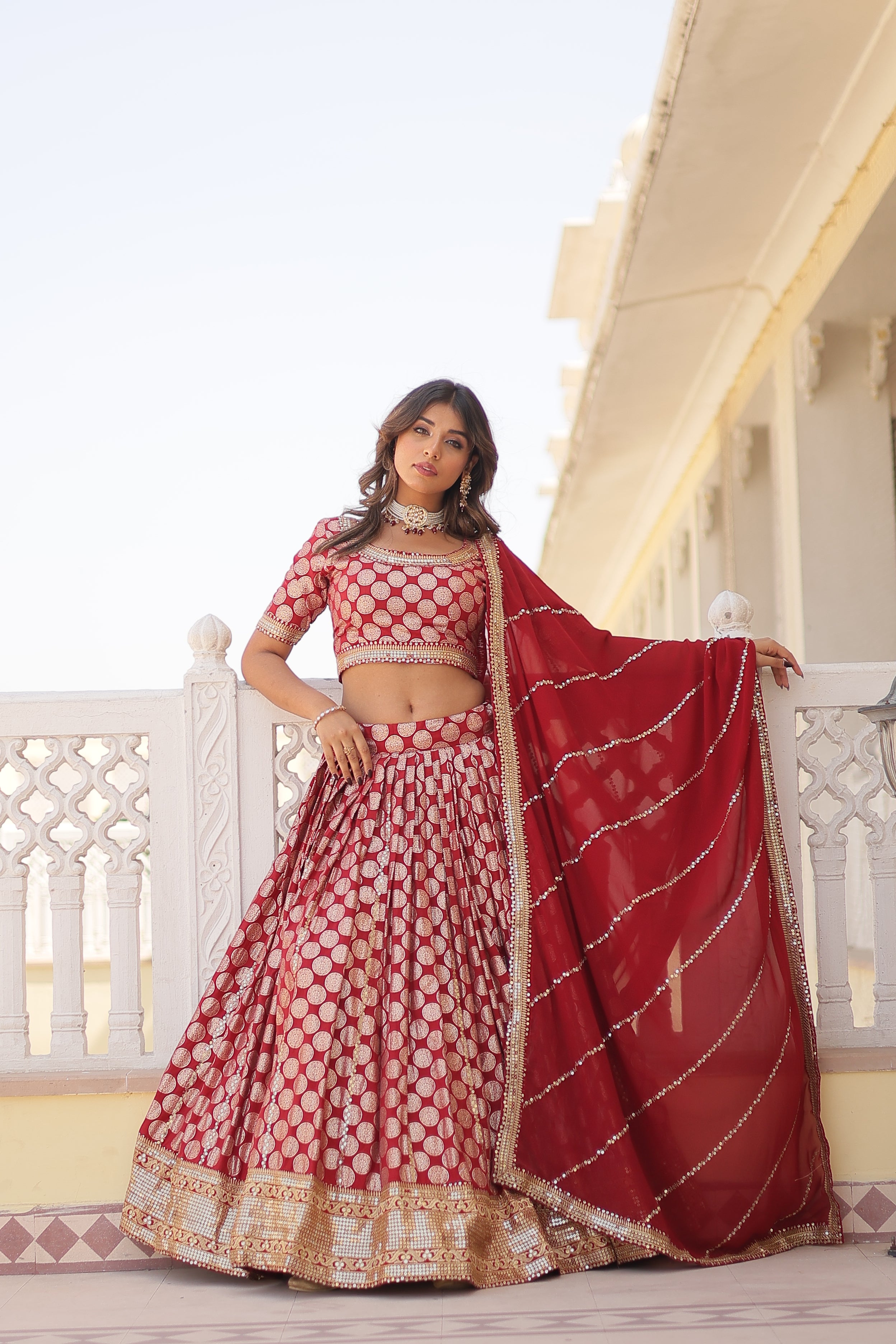 Elegant Viscose Jacquard Maroon Lehenga Set with Sequins Embroidery | Full-Stitched Lehenga + Unstitched Blouse + Dupatta