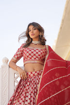 Elegant Viscose Jacquard Maroon Lehenga Set with Sequins Embroidery | Full-Stitched Lehenga + Unstitched Blouse + Dupatta