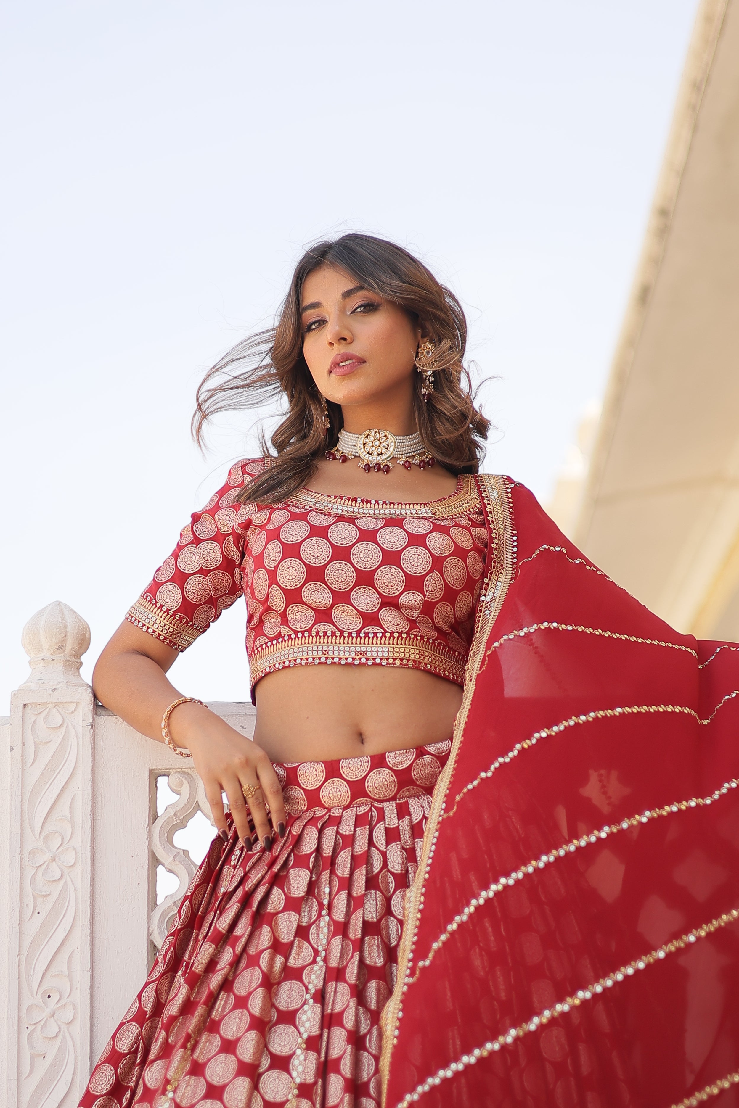Elegant Viscose Jacquard Maroon Lehenga Set with Sequins Embroidery | Full-Stitched Lehenga + Unstitched Blouse + Dupatta