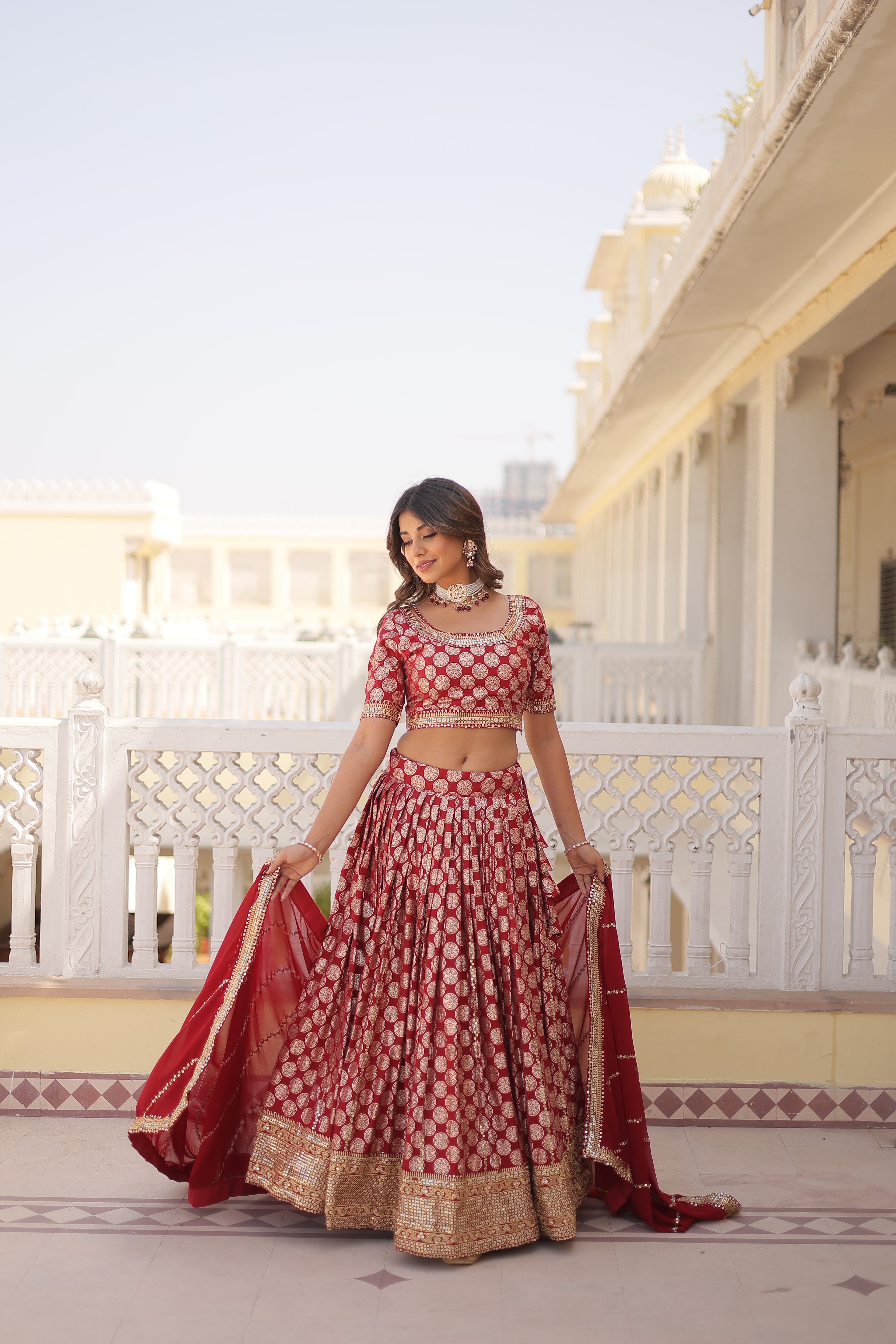 Elegant Viscose Jacquard Maroon Lehenga Set with Sequins Embroidery | Full-Stitched Lehenga + Unstitched Blouse + Dupatta