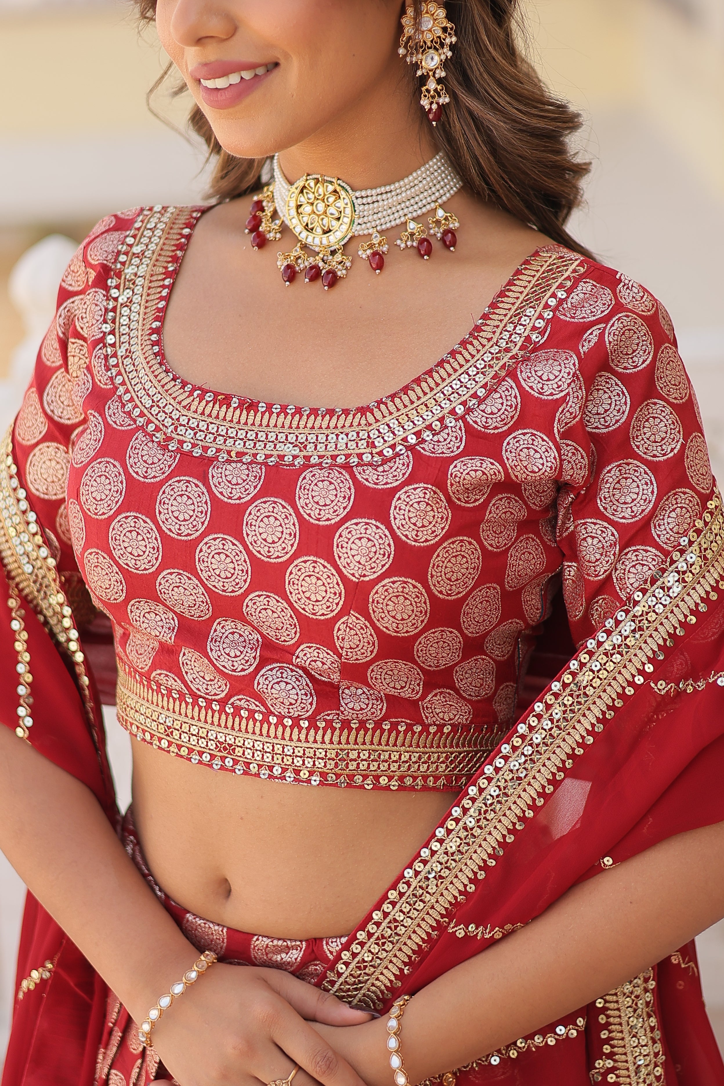 Elegant Viscose Jacquard Maroon Lehenga Set with Sequins Embroidery | Full-Stitched Lehenga + Unstitched Blouse + Dupatta