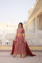 Elegant Viscose Jacquard Maroon Lehenga Set with Sequins Embroidery | Full-Stitched Lehenga + Unstitched Blouse + Dupatta