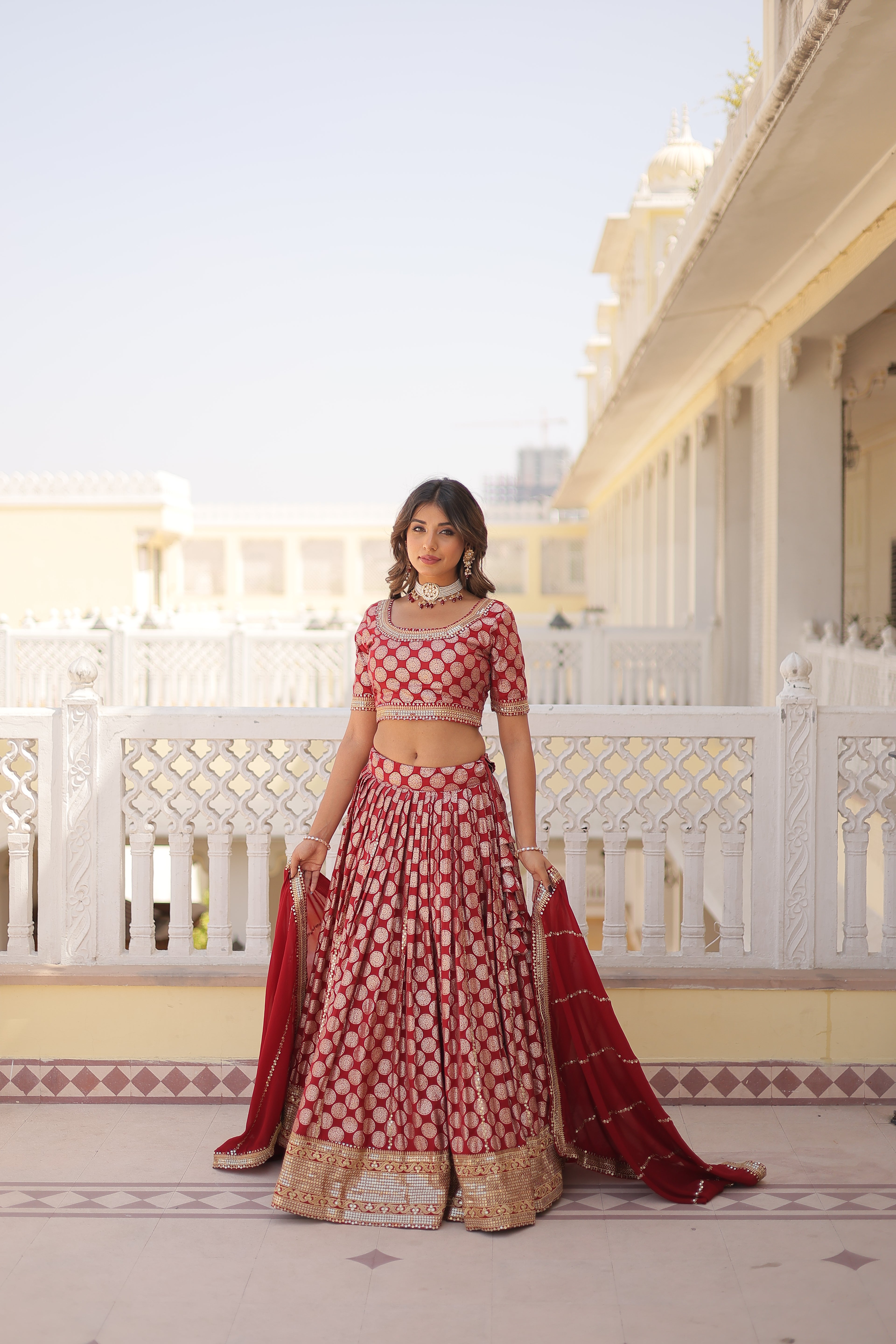 Elegant Viscose Jacquard Maroon Lehenga Set with Sequins Embroidery | Full-Stitched Lehenga + Unstitched Blouse + Dupatta