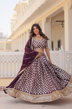 Elegant Viscose Jacquard Wine  Lehenga Set with Sequins Embroidery | Full-Stitched Lehenga + Unstitched Blouse + Dupatta