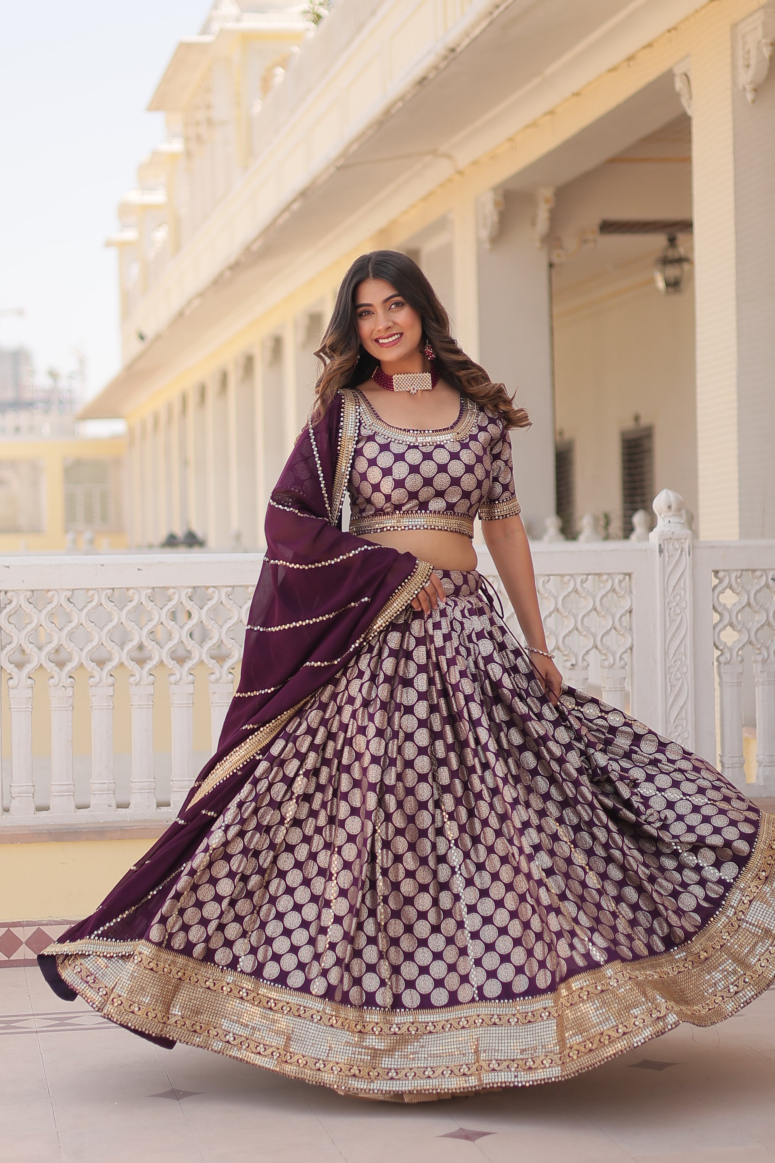 Elegant Viscose Jacquard Wine  Lehenga Set with Sequins Embroidery | Full-Stitched Lehenga + Unstitched Blouse + Dupatta