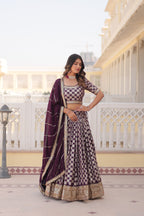 Elegant Viscose Jacquard Wine  Lehenga Set with Sequins Embroidery | Full-Stitched Lehenga + Unstitched Blouse + Dupatta