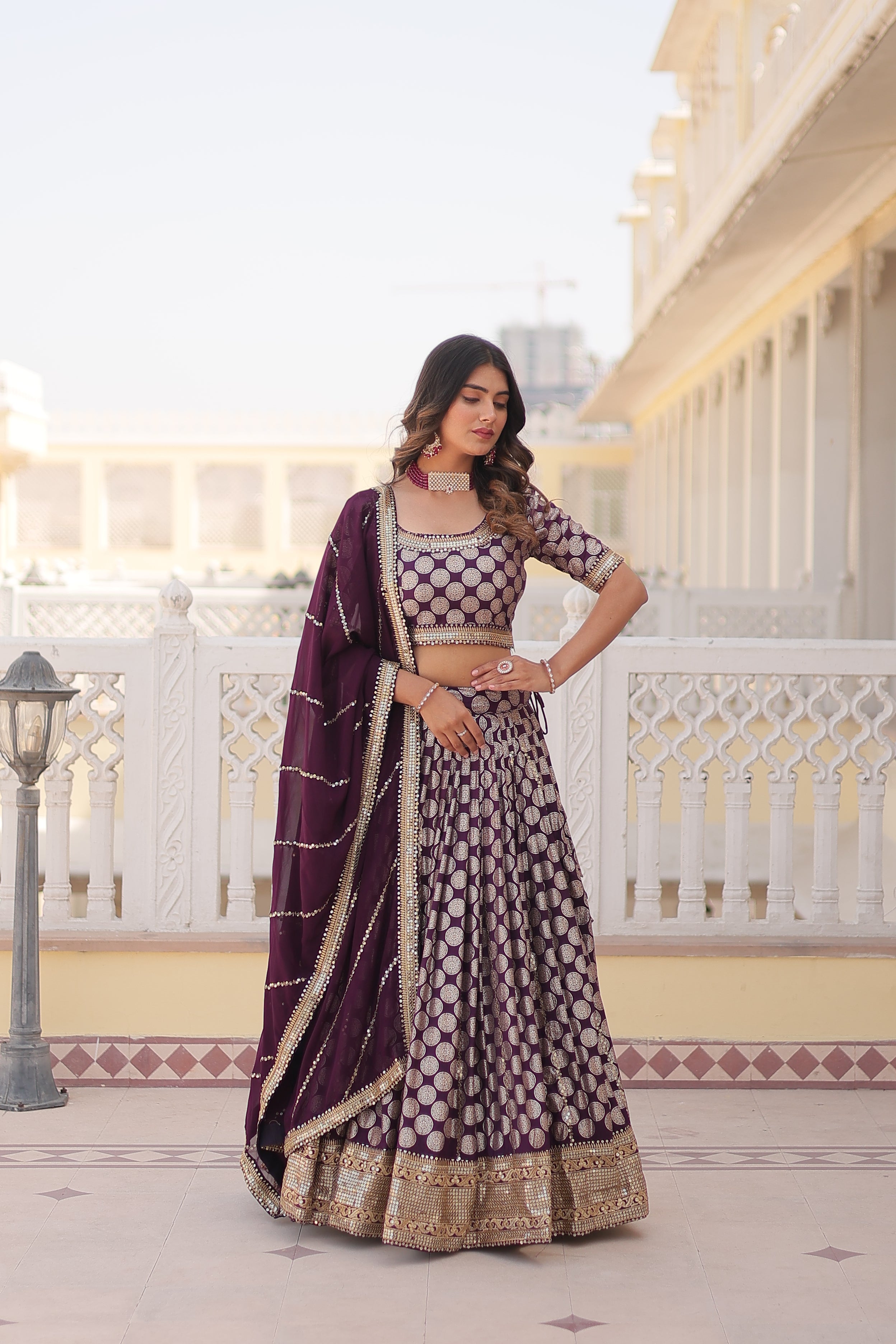 Elegant Viscose Jacquard Wine  Lehenga Set with Sequins Embroidery | Full-Stitched Lehenga + Unstitched Blouse + Dupatta