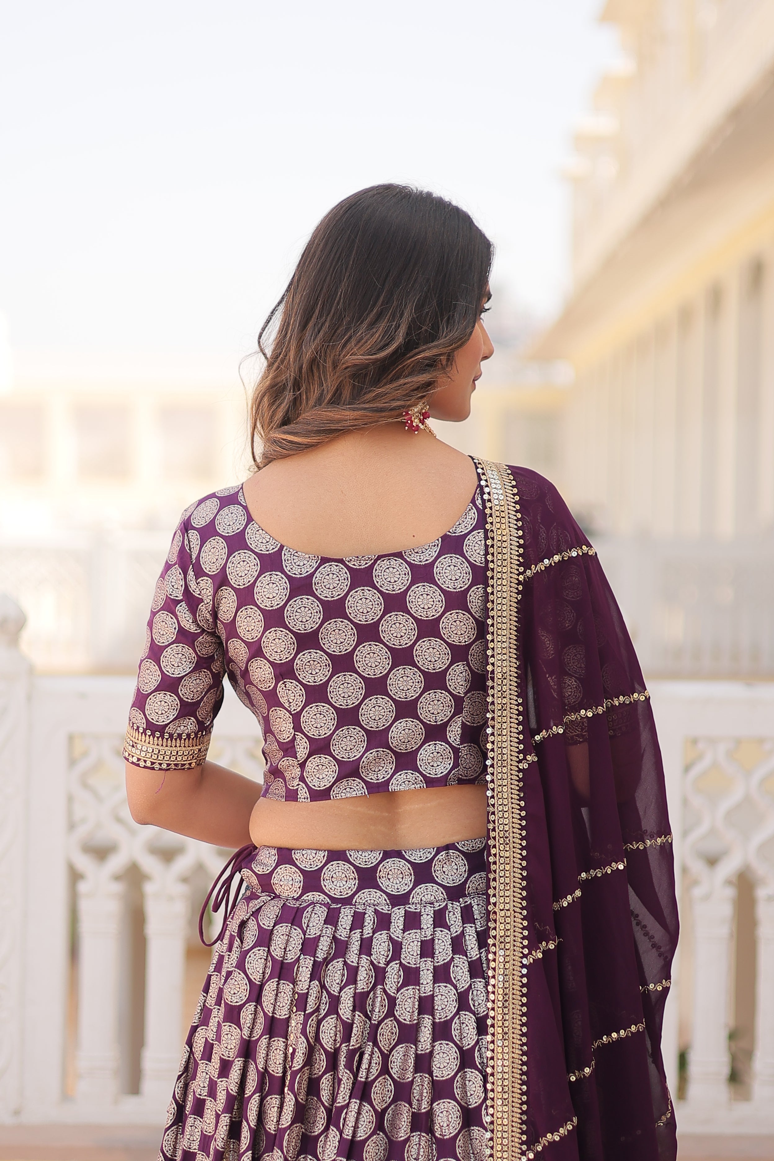 Elegant Viscose Jacquard Wine  Lehenga Set with Sequins Embroidery | Full-Stitched Lehenga + Unstitched Blouse + Dupatta