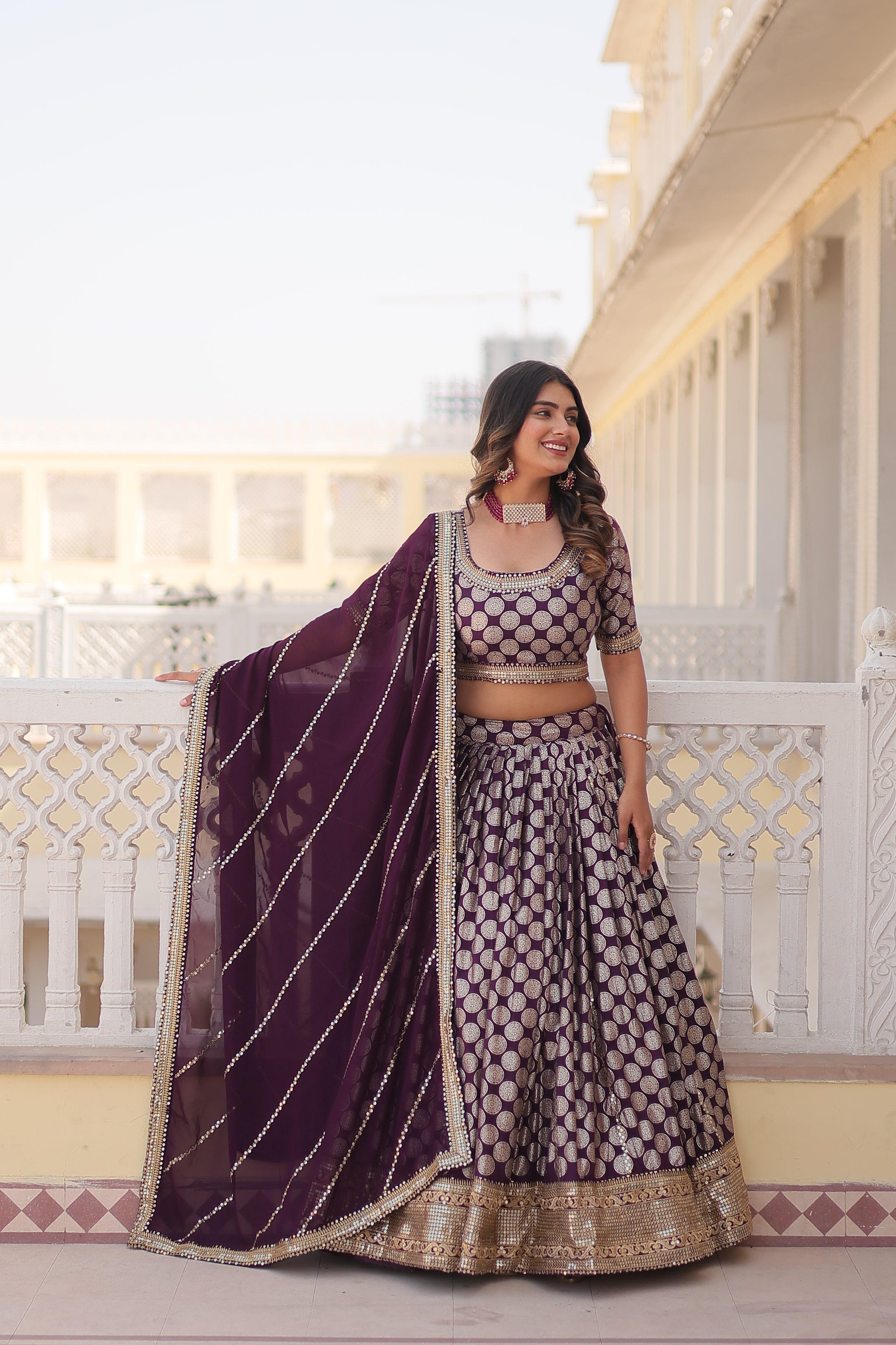 Elegant Viscose Jacquard Wine  Lehenga Set with Sequins Embroidery | Full-Stitched Lehenga + Unstitched Blouse + Dupatta