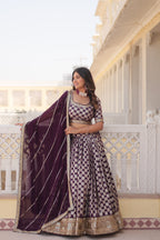 Elegant Viscose Jacquard Wine  Lehenga Set with Sequins Embroidery | Full-Stitched Lehenga + Unstitched Blouse + Dupatta