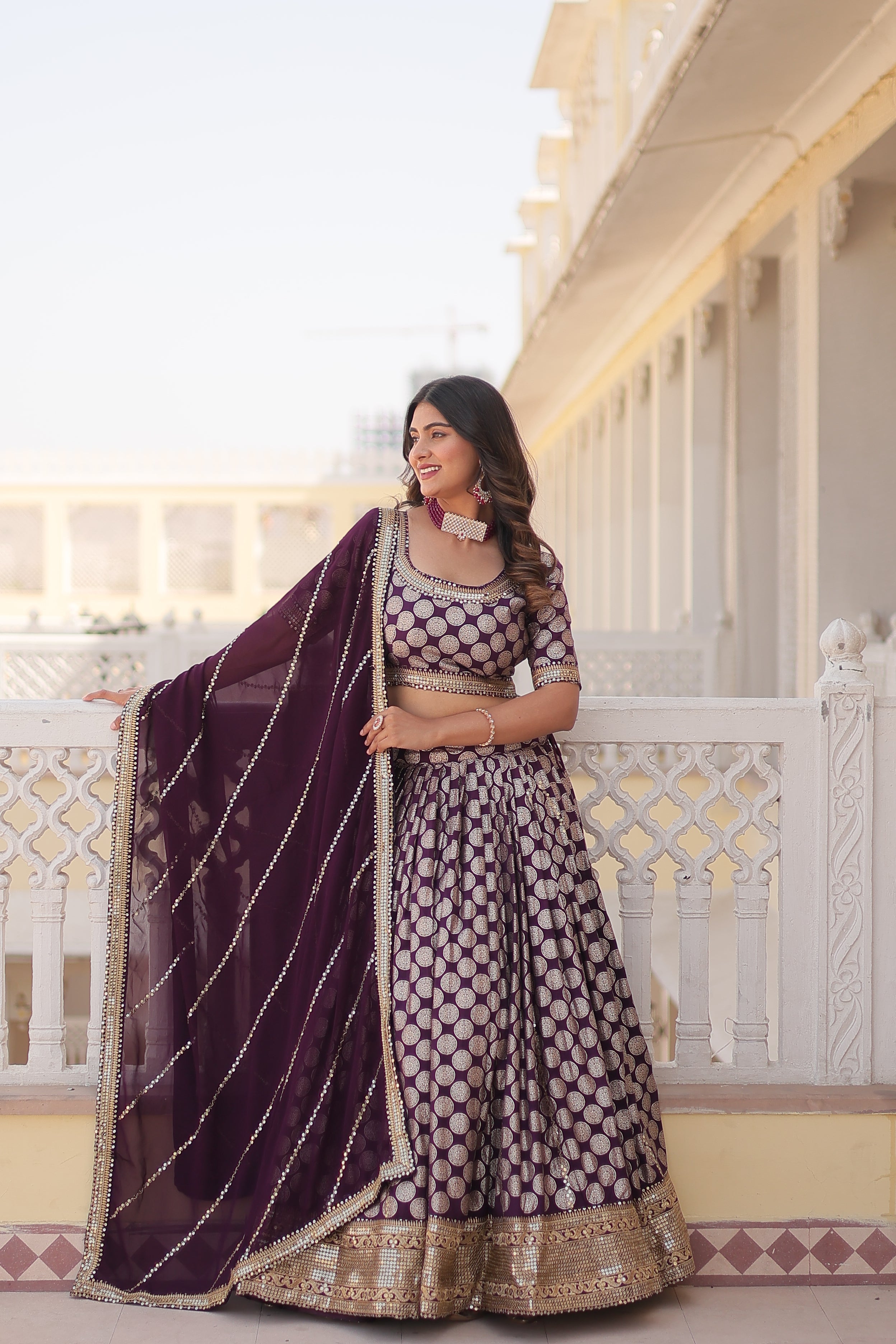 Elegant Viscose Jacquard Wine  Lehenga Set with Sequins Embroidery | Full-Stitched Lehenga + Unstitched Blouse + Dupatta