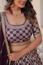 Elegant Viscose Jacquard Wine  Lehenga Set with Sequins Embroidery | Full-Stitched Lehenga + Unstitched Blouse + Dupatta