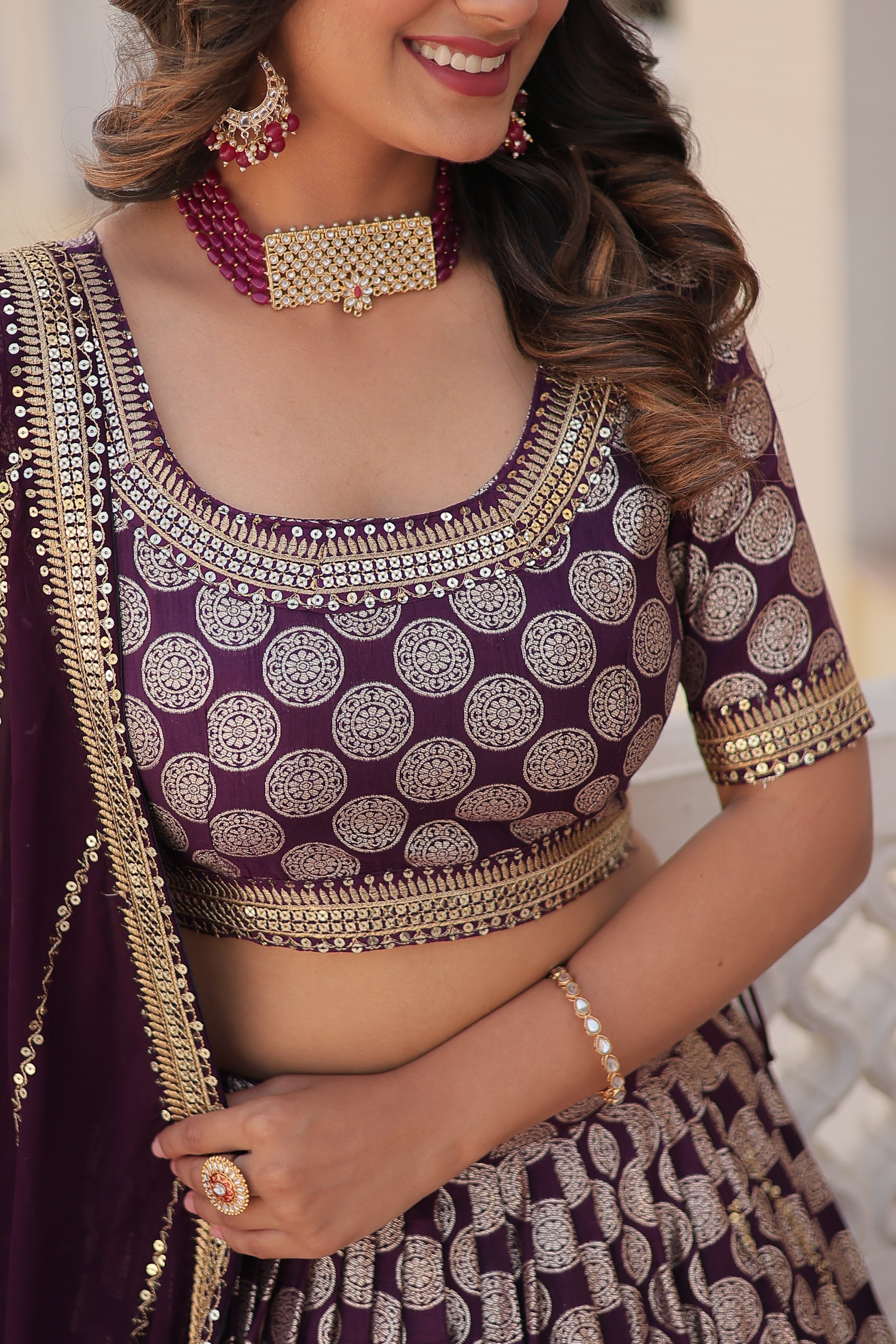 Elegant Viscose Jacquard Wine  Lehenga Set with Sequins Embroidery | Full-Stitched Lehenga + Unstitched Blouse + Dupatta