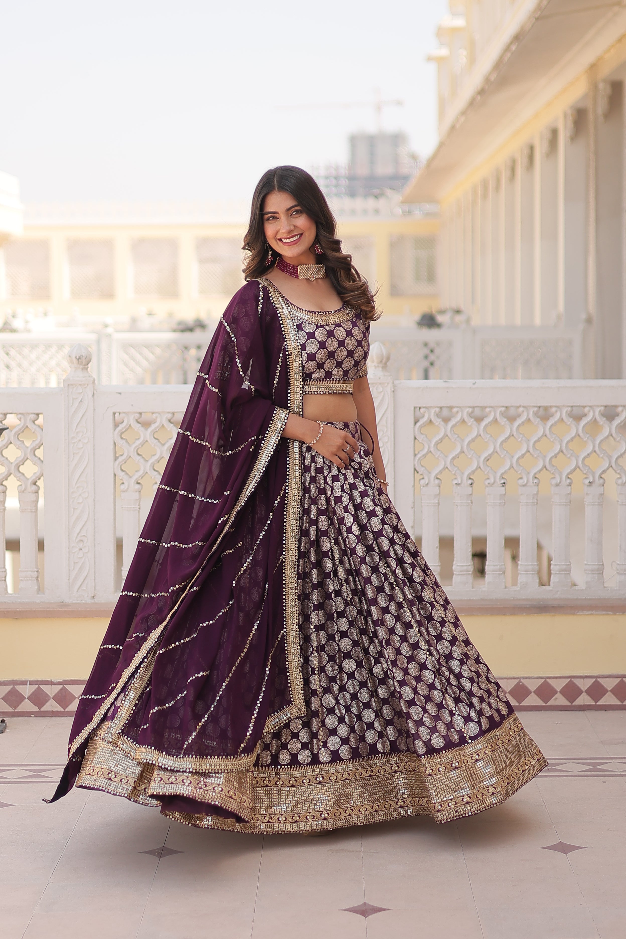 Elegant Viscose Jacquard Wine  Lehenga Set with Sequins Embroidery | Full-Stitched Lehenga + Unstitched Blouse + Dupatta