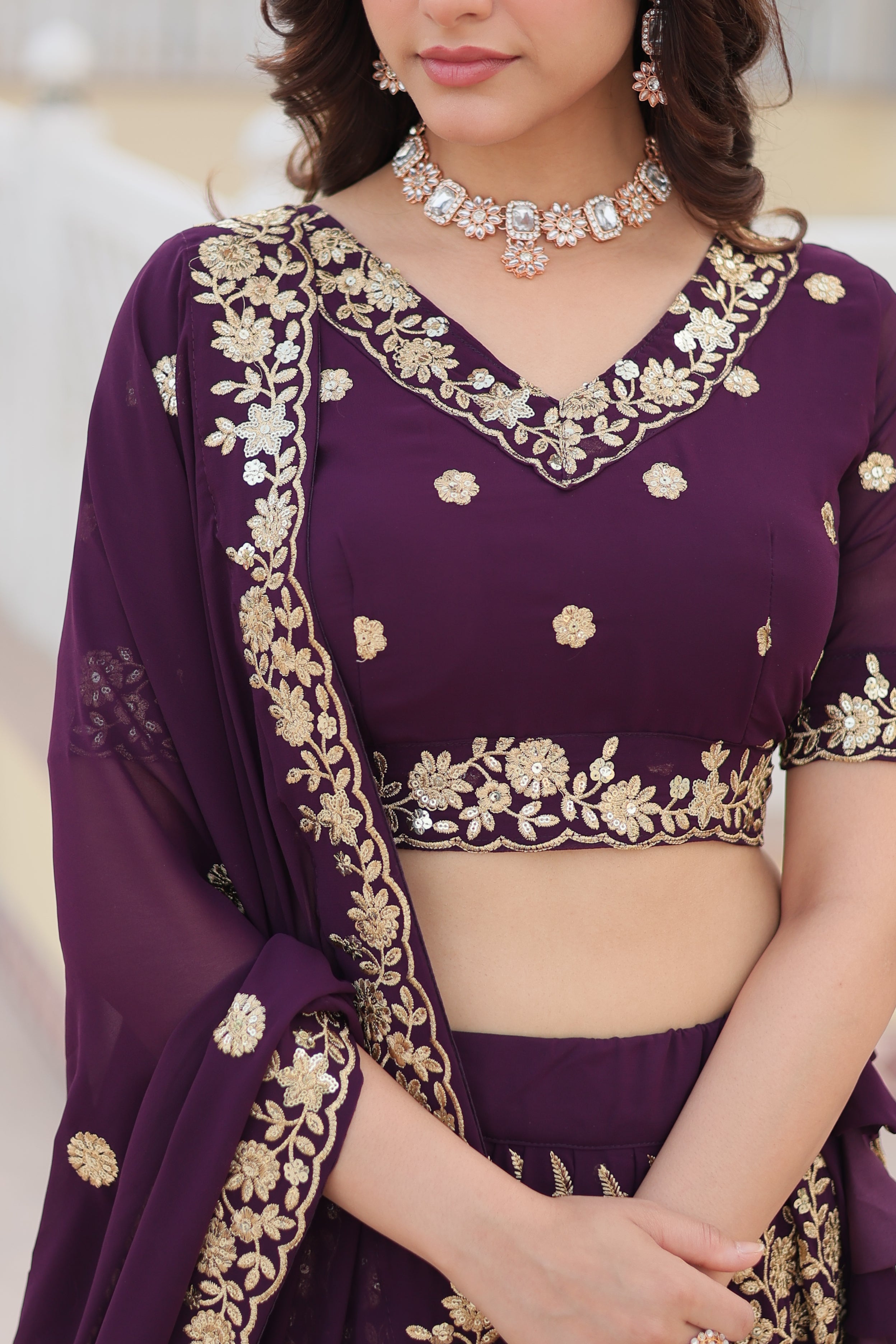 Premium Faux Georgette Embroidered Lehenga Set with Can-Can | Heavy Sequin Work | Stitched Lehenga + Unstitched Blouse + Dupatta