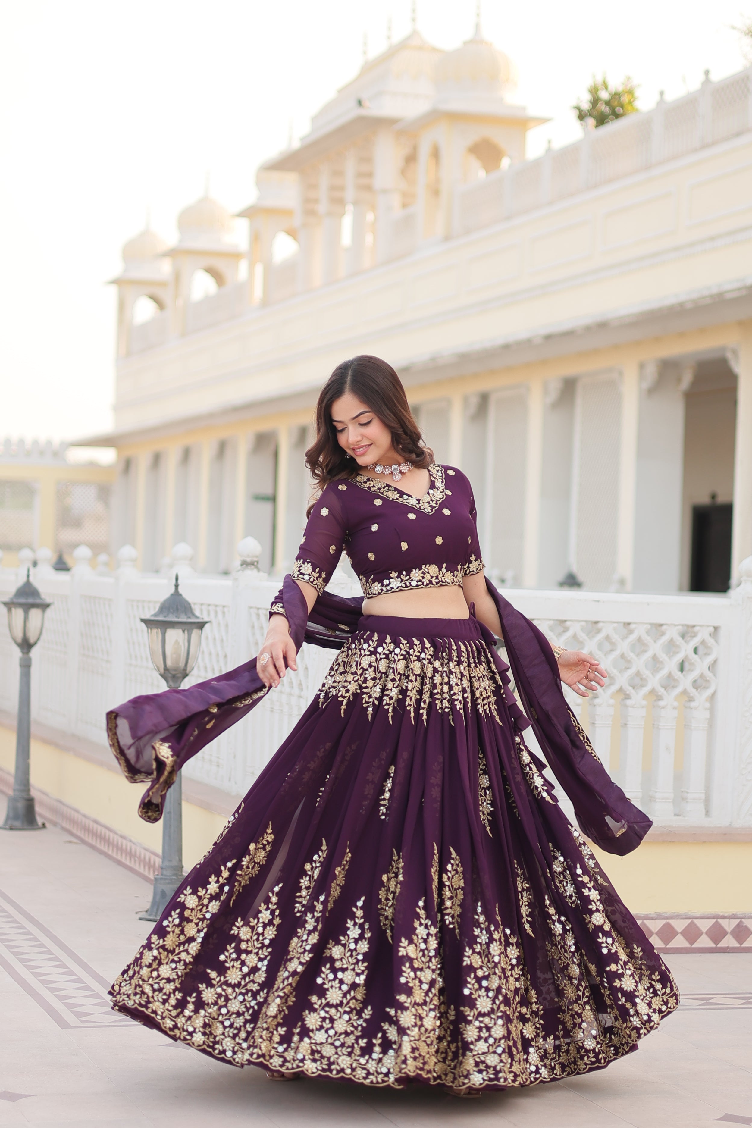 Premium Faux Georgette Embroidered Lehenga Set with Can-Can | Heavy Sequin Work | Stitched Lehenga + Unstitched Blouse + Dupatta