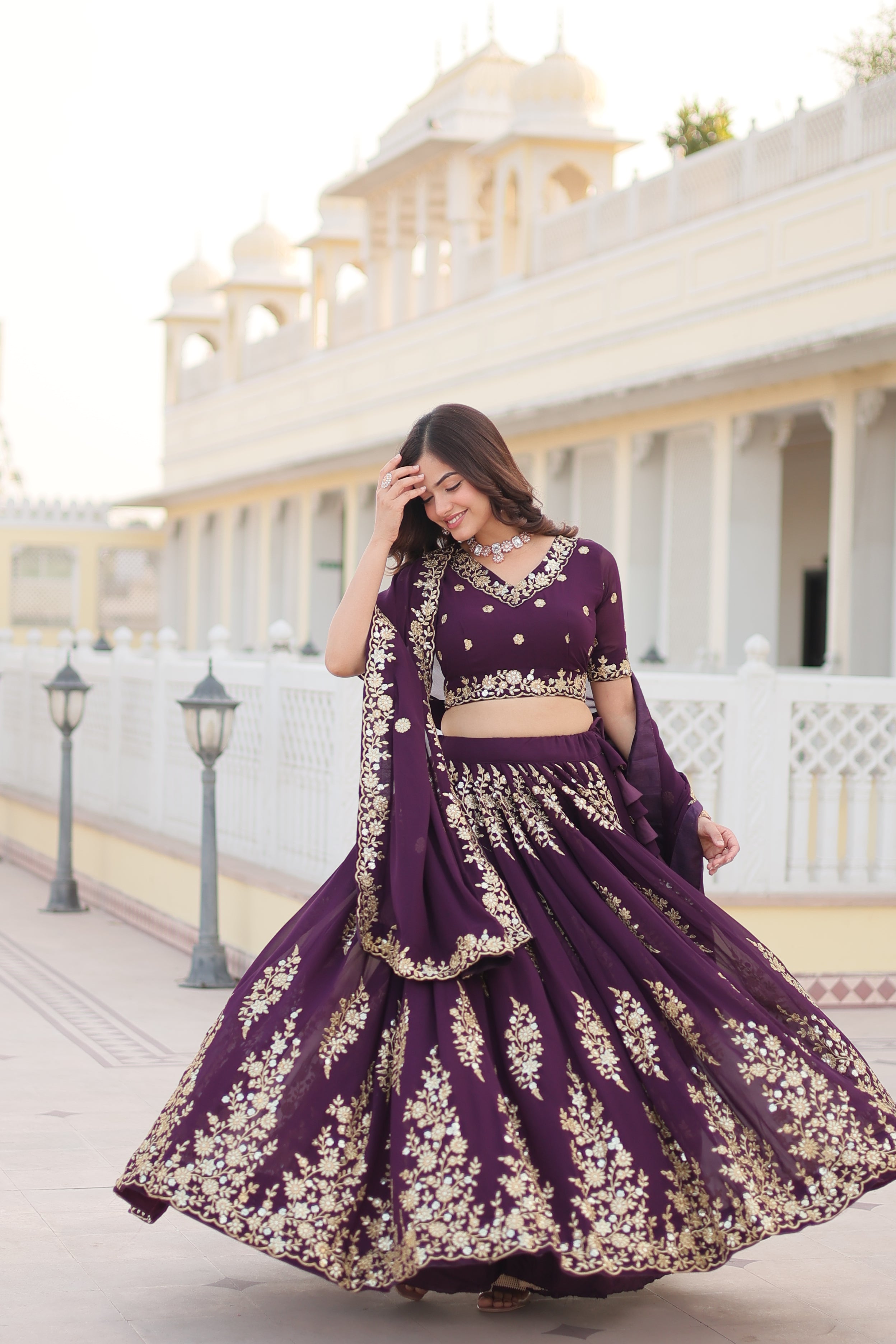 Premium Faux Georgette Embroidered Lehenga Set with Can-Can | Heavy Sequin Work | Stitched Lehenga + Unstitched Blouse + Dupatta