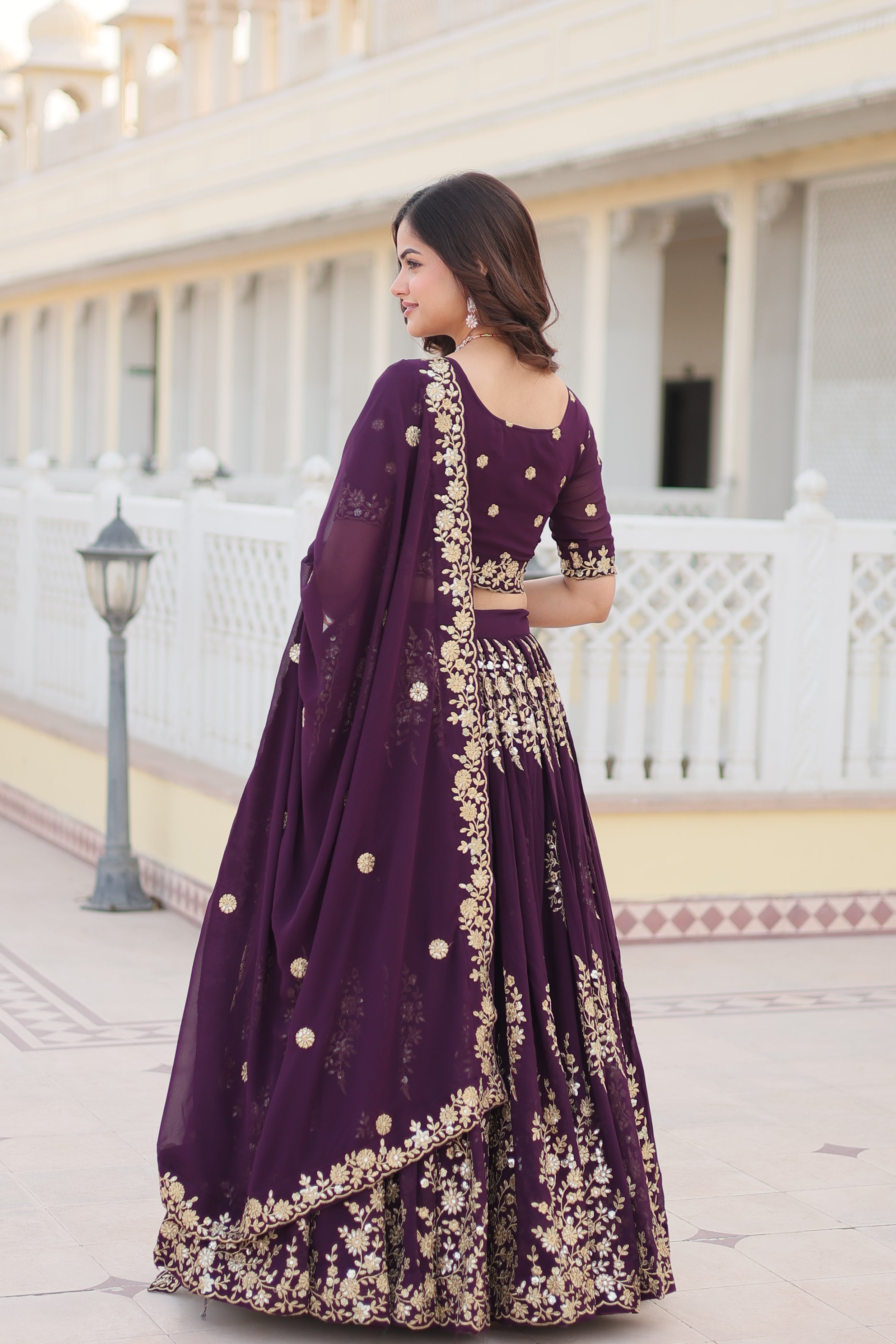 Premium Faux Georgette Embroidered Lehenga Set with Can-Can | Heavy Sequin Work | Stitched Lehenga + Unstitched Blouse + Dupatta