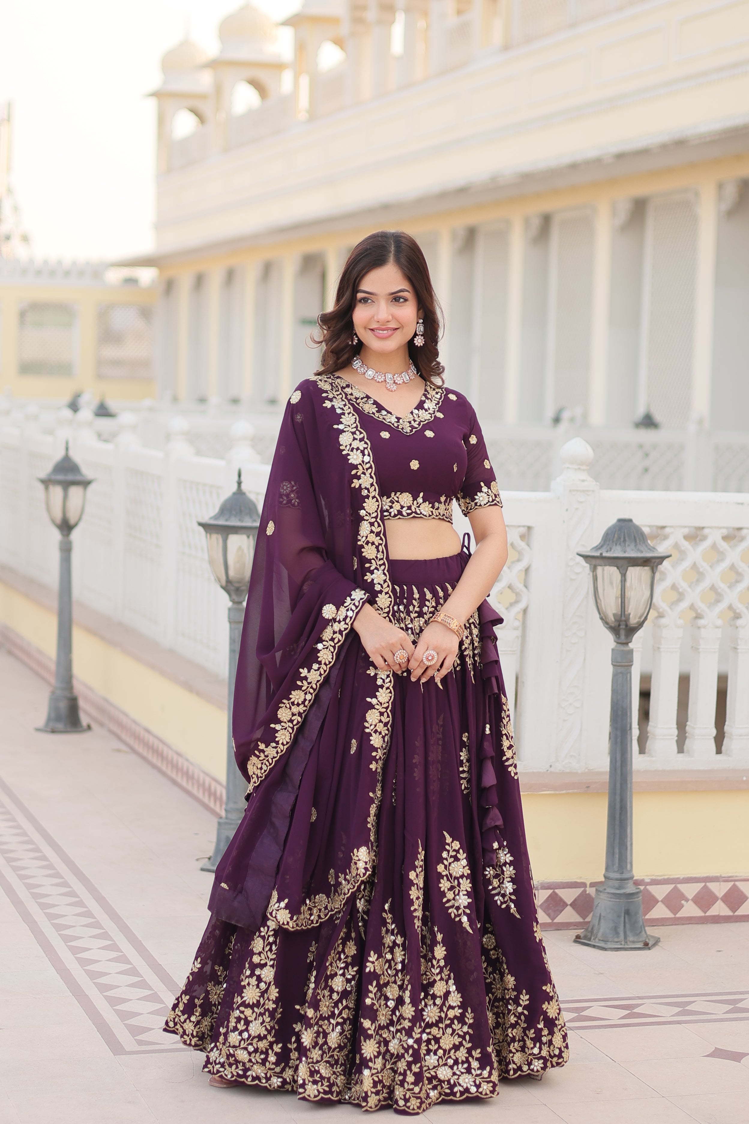 Premium Faux Georgette Embroidered Lehenga Set with Can-Can | Heavy Sequin Work | Stitched Lehenga + Unstitched Blouse + Dupatta