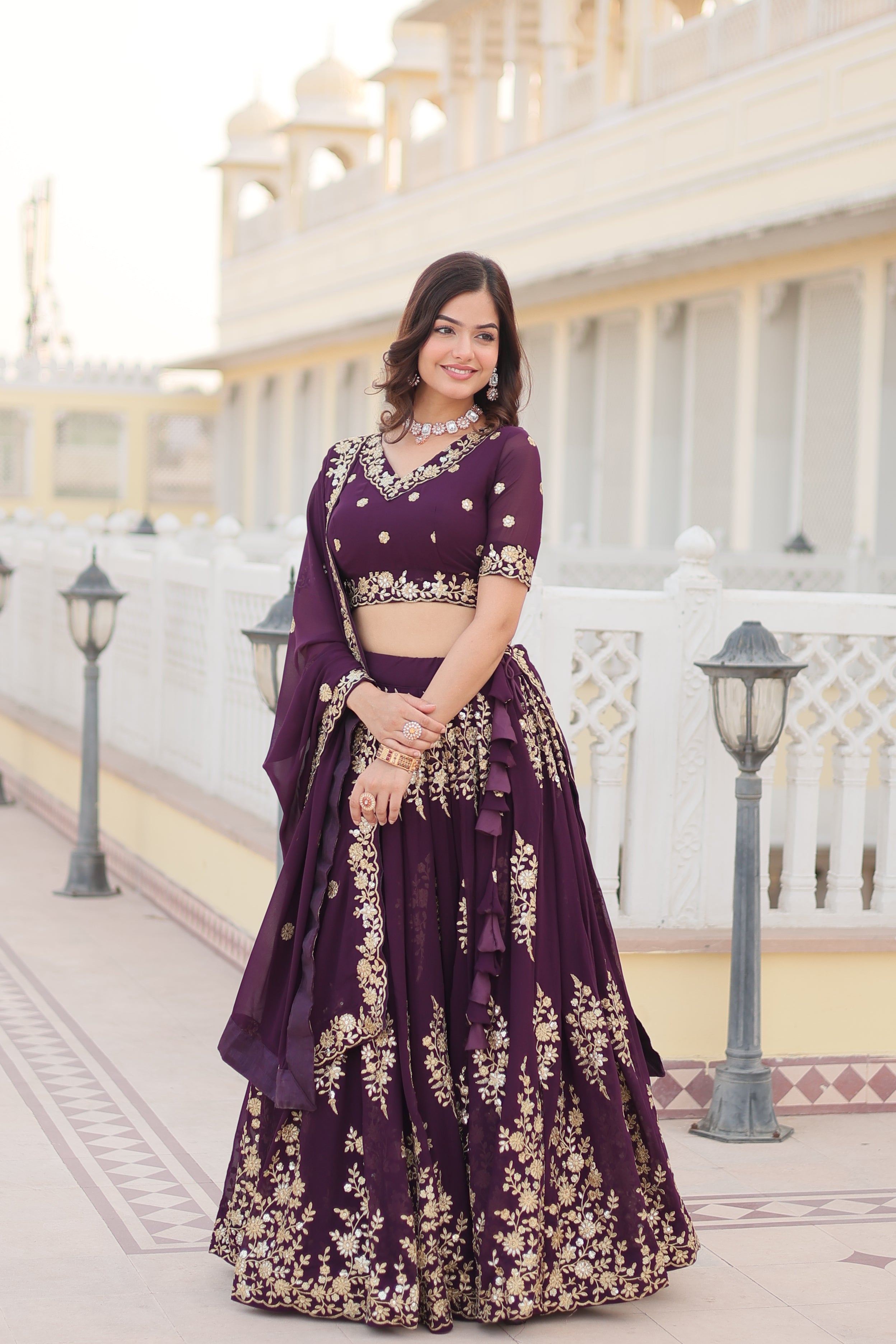 Premium Faux Georgette Embroidered Lehenga Set with Can-Can | Heavy Sequin Work | Stitched Lehenga + Unstitched Blouse + Dupatta